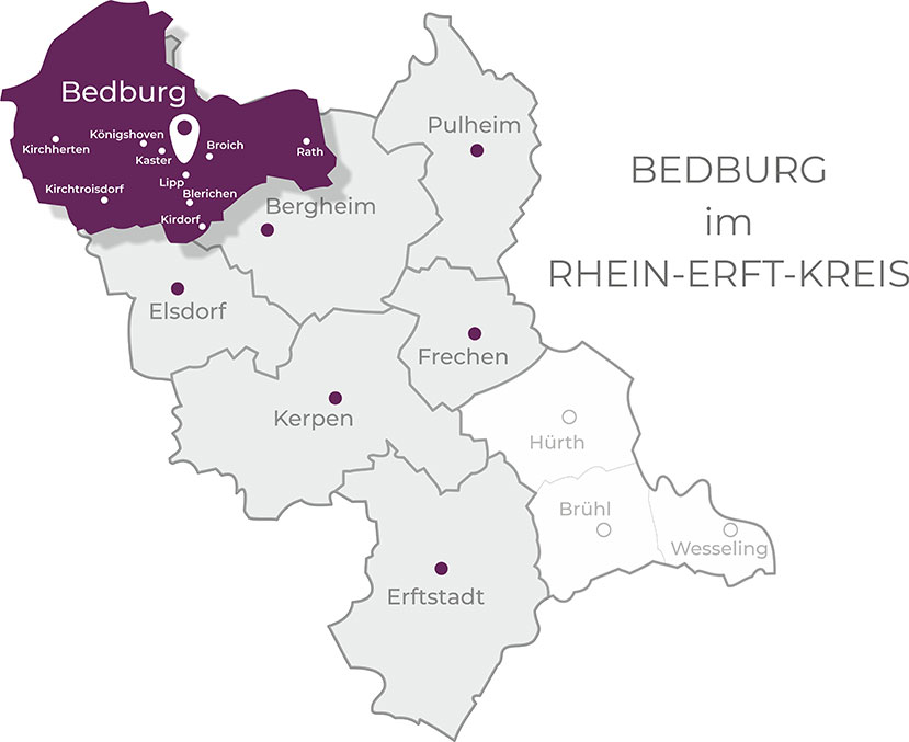 Karte Bedburg Die Karte zeigt die Lage Bedburgs und der dazugehörigen Orte. Außerdem die Lage der Stadt am oberen nord-westlichen Ende des Rhein-Erft-Kreises.
Bedburg ist ein zentrales Gebiet, in welchem wir als Immobilienmakler in Bedburg tätig sind und welches insbesondere bei Familien sehr gefragt ist.
