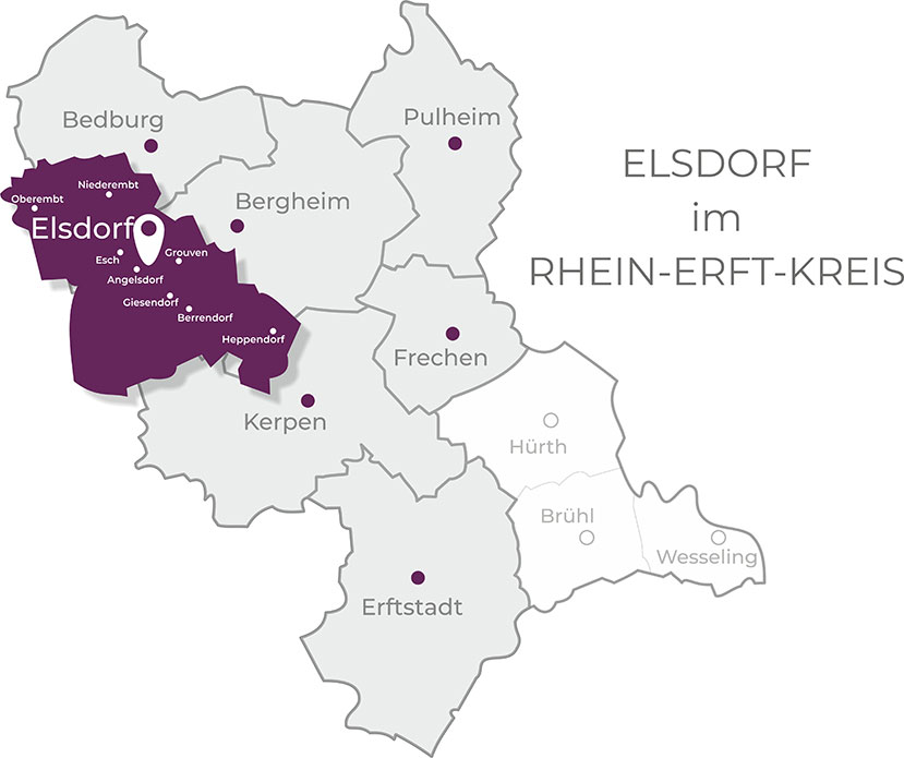 Karte Elsdorf Die Karte zeigt die Lage Elsdorfs und der dazugehörigen Orte. Außerdem die Lage der Stadt im Rhein-Erft-Kreis am westlichen Rand.
Elsdorf ist ein Gebiet, in welchem wir als Immobilienmakler in Elsdorf tätig sind.