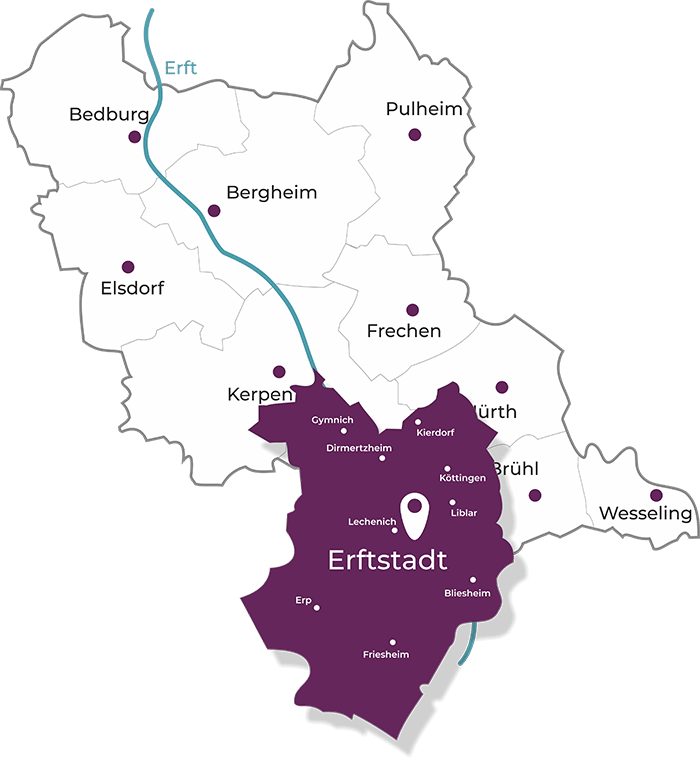 Karte Rhein-Erft-Kreis, Erftstadt Das Bild zeigt die Karte des Rhein-Erft-Kreises mit seinen einzelnen Bezirken. Die Stadt Erftstadt ist in der Firmenfarbe Bordeaux eingefärbt. Die Schrift Erftstadt und der Punkt, welcher die Lage der Stadt zeigt, ist in weiß abgesetzt und fett geschrieben. Diese Karte unterstützt den Eindruck der Regionalität von RHEIN-ERFT-IMMOBILIEN.com - Immobilienmakler Erftstadt.