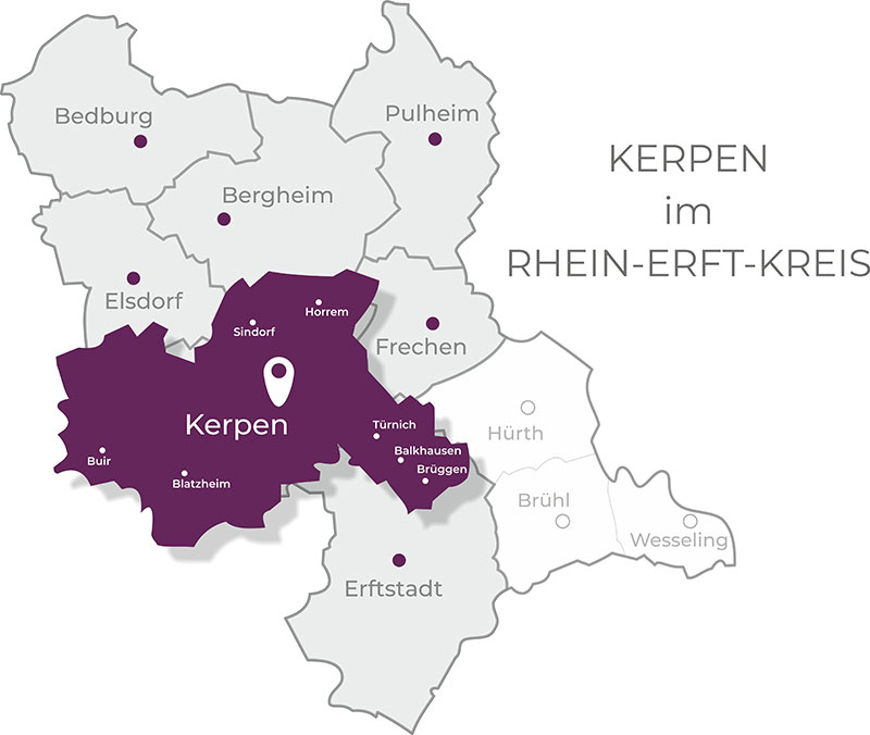 Karte Kerpen Die Karte zeigt die Lage Kerpensund der dazugehörigen Orte. Außerdem die zentrale Lage der Stadt im Rhein-Erft-Kreis. Kerpen liegt zentral am westlichen Rand des Kreises und Kerpen ist ein Gebiet, in welchem wir als Immobilienmakler in Kerpen tätig sind.