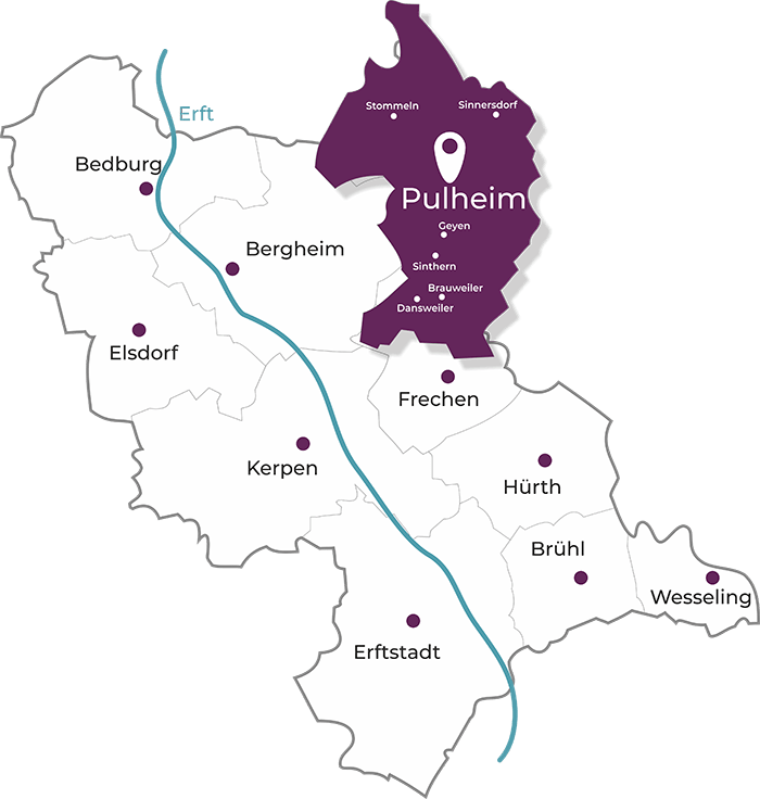 Karte Rhein-Erft-Kreis, Pulheim Das Bild zeigt die Karte des Rhein-Erft-Kreises mit seinen einzelnen Bezirken. Pulheim und das dazugehörige Gebiet, um die Stadt herum sind in der Firmenfarbe Bordeaux eingefärbt. Die Übersichtskarte wird zur Unterstützung der Aussage von RHEIN-ERFT-IMMOBILIEN.com - Immobilienmakler Pulheim zur Regionalität genutzt.