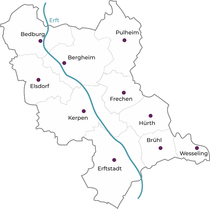 Immobilienmakler Rhein-Erft-Kreis Das Bild zeigt die Karte des Rhein-Erft-Kreises mit seinen einzelnen Bezirken. Die Stadtpunkte sind in der Firmenfarbe Bordeaux eingefärbt. Die Schrift der Städte ist in schwarz abgesetzt. Diese Karte wurde erstellt und ausgewählt um den Eindruck der Regionalität von RHEIN-ERFT-IMMOBILIEN.com - Immobilienmakler Rhein-Erft-Kreis zu unterstützen.