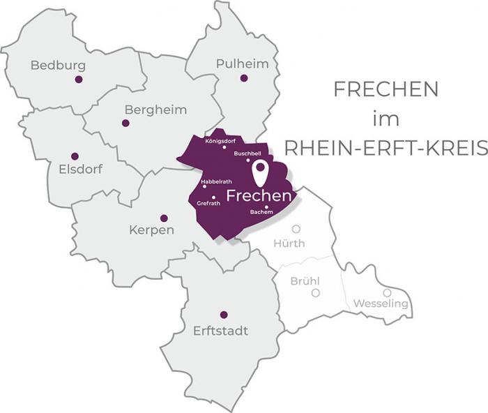 Karte Frechen Die Karte zeigt die Lage Frechens und der dazugehörigen Orte. Außerdem die Lage der Stadt im Rhein-Erft-Kreis an dssen östlichen Rand sie sich befindet.
Frechen ist ein Bezirkt, in welchem wir als Immobilienmakler in Frechen tätig sind.
Die Nähe Frechens zu Köln macht es zu einer sehr gefragten Wohngegend.