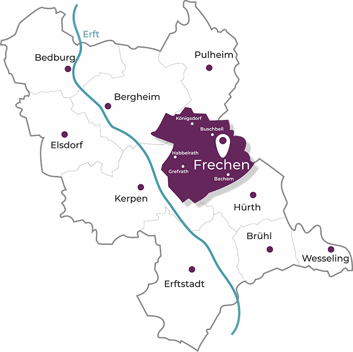 Karte Rhein-Erft-Kreis, Frechen Das Bild zeigt die Karte des Rhein-Erft-Kreises mit seinen einzelnen Bezirken.Das Gebiet der Stadt Frechen ist in der Firmenfarbe Bordeaux eingefärbt. Frechen selber ist in weiß geschrieben. Diese Karte unterstützt den Eindruck der Regionalität von RHEIN-ERFT-IMMOBILIEN.com - Immobilienmakler Frechen.