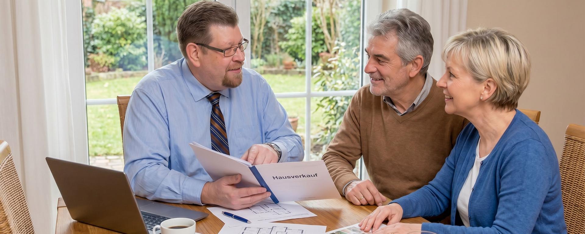 Herr Felsner sitzt mit Eigentümern am Esstisch und berät sie zu Ihrem Hausverkauf mit Rhein-Erft-Immobilien.com. Mit KI erstellt.