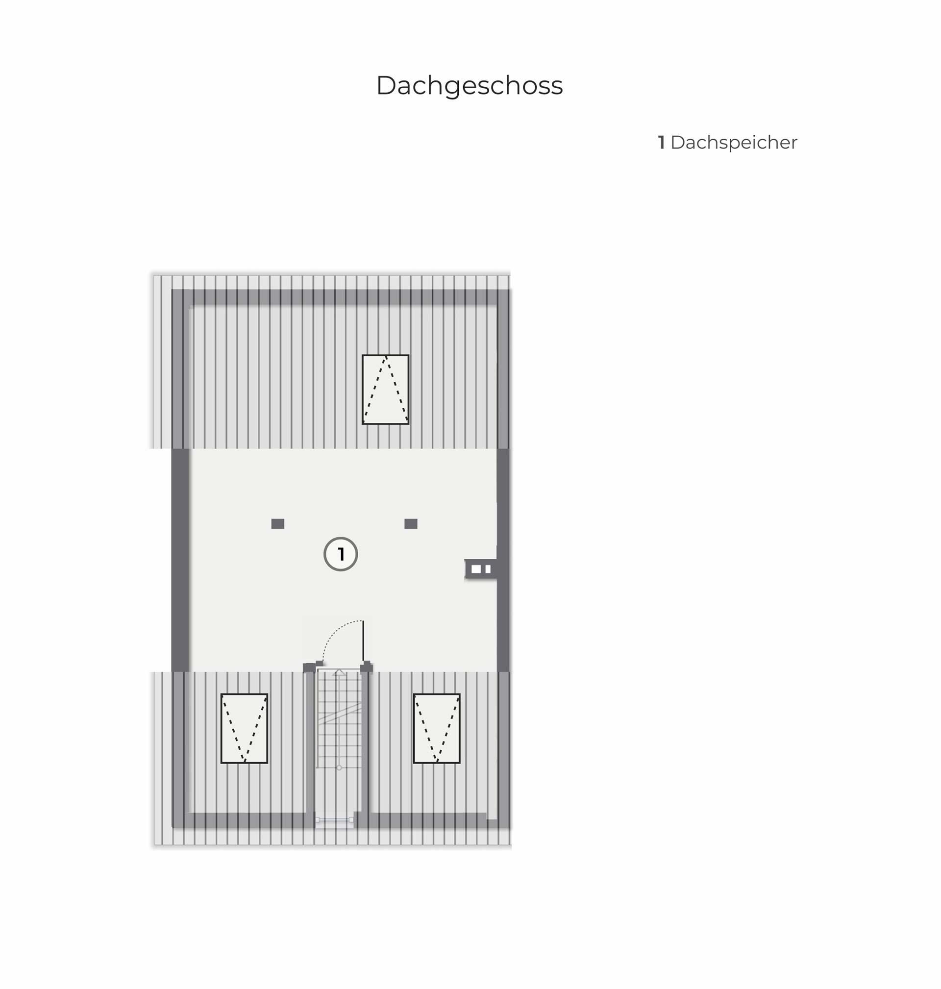 Der Grundriss des Dachgeschosses zeigt den offenen Dachspeicher, der über die Treppe erreichbar ist und bei Bedarf ausgebaut werden kann. (Vorbehaltlich Baugenehmigung) 