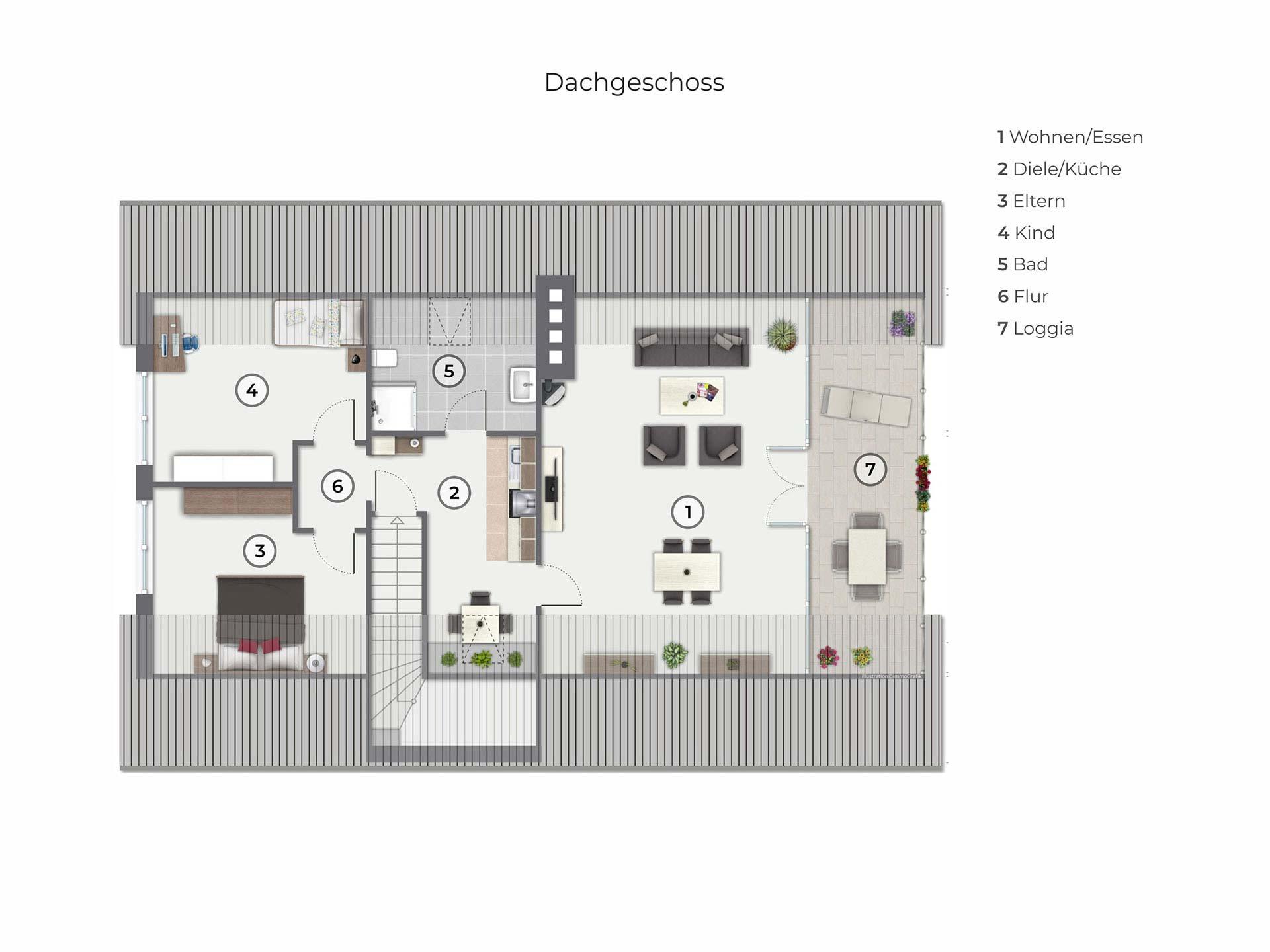 Grundriss des Dachgeschosses mit Einliegerwohnung mit Dielenküche, 2 Schlafzimmern, Wohn- und Esszimmer, großer Loggia und Badezimmer. 