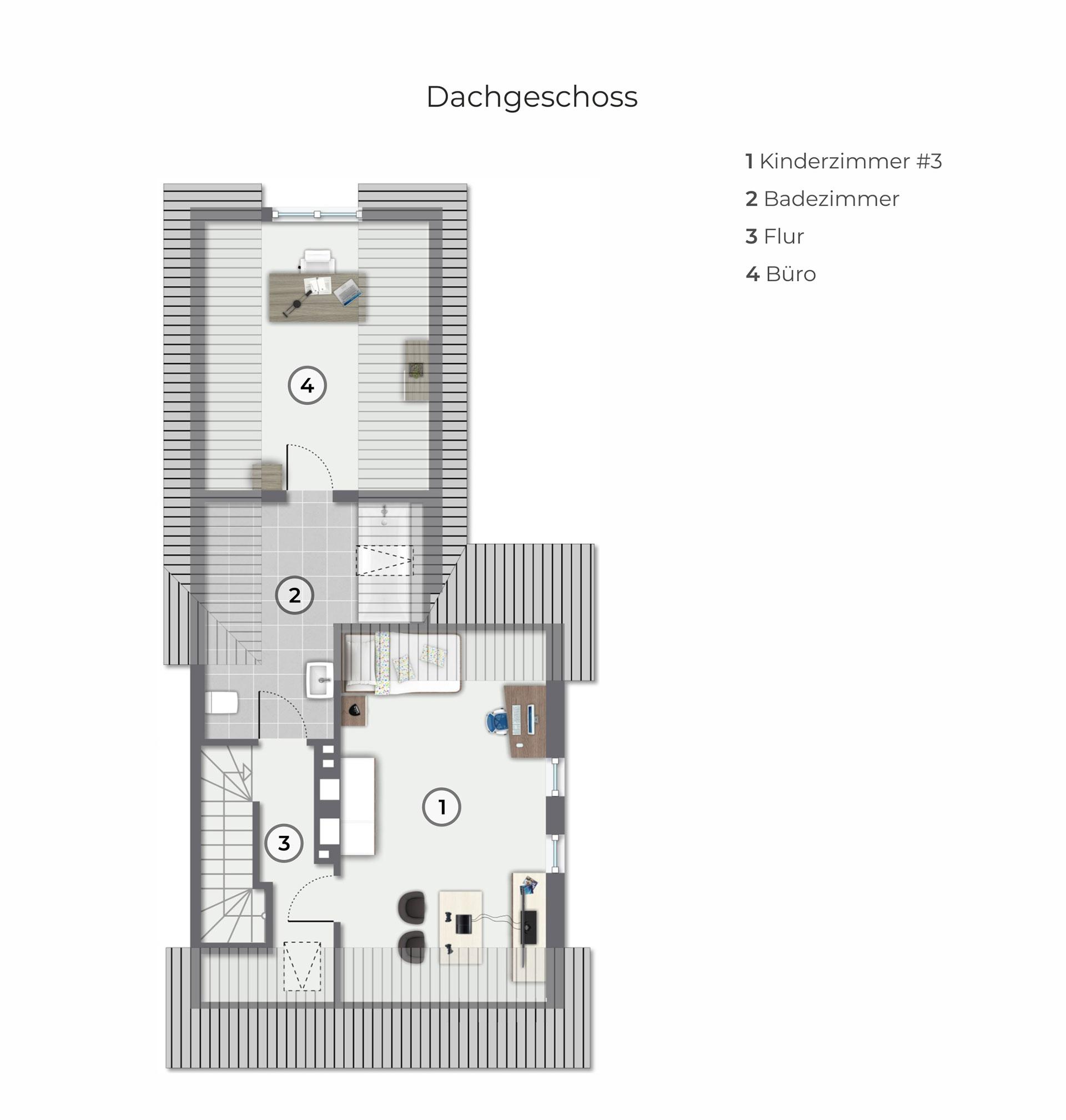 Der Grundriss des Dachgeschosses zeigt den Flur mit Treppenhaus. Von hier aus gelangt man durch eine sehr schmale einschubtreppe in den Spitzboden. Weiter sind das dritte Kinderzimmer und das Wannenbad zu sehen. Hinter dem Wannenbad liegt das Büro. 
