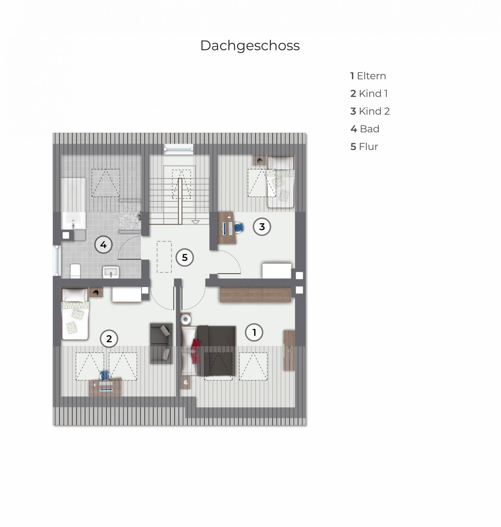 Grundriss des Dachgeschosses mit den 3 Schlafzimmer und dem Familienbad. 