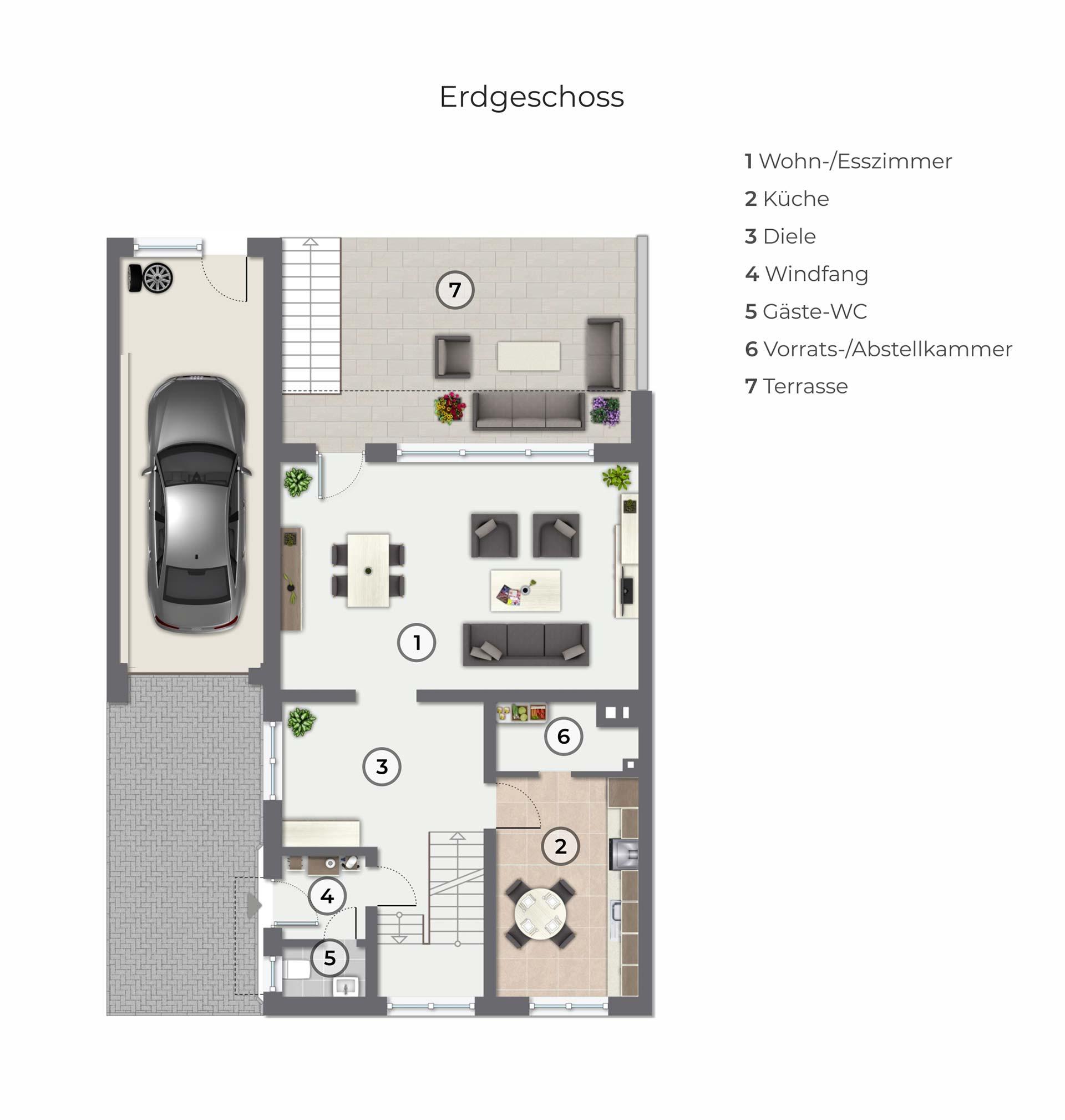 Der Grundriss de Erdgeschosses zeicht das zur Terrasse liegende Wohn-/Esszimmer, die Küche mit angrenzender Speisekammer, den Hauseingang mit Windfang und Gäste-WC sowie die dehr geräumige Diele mit Treppenausfgang. 