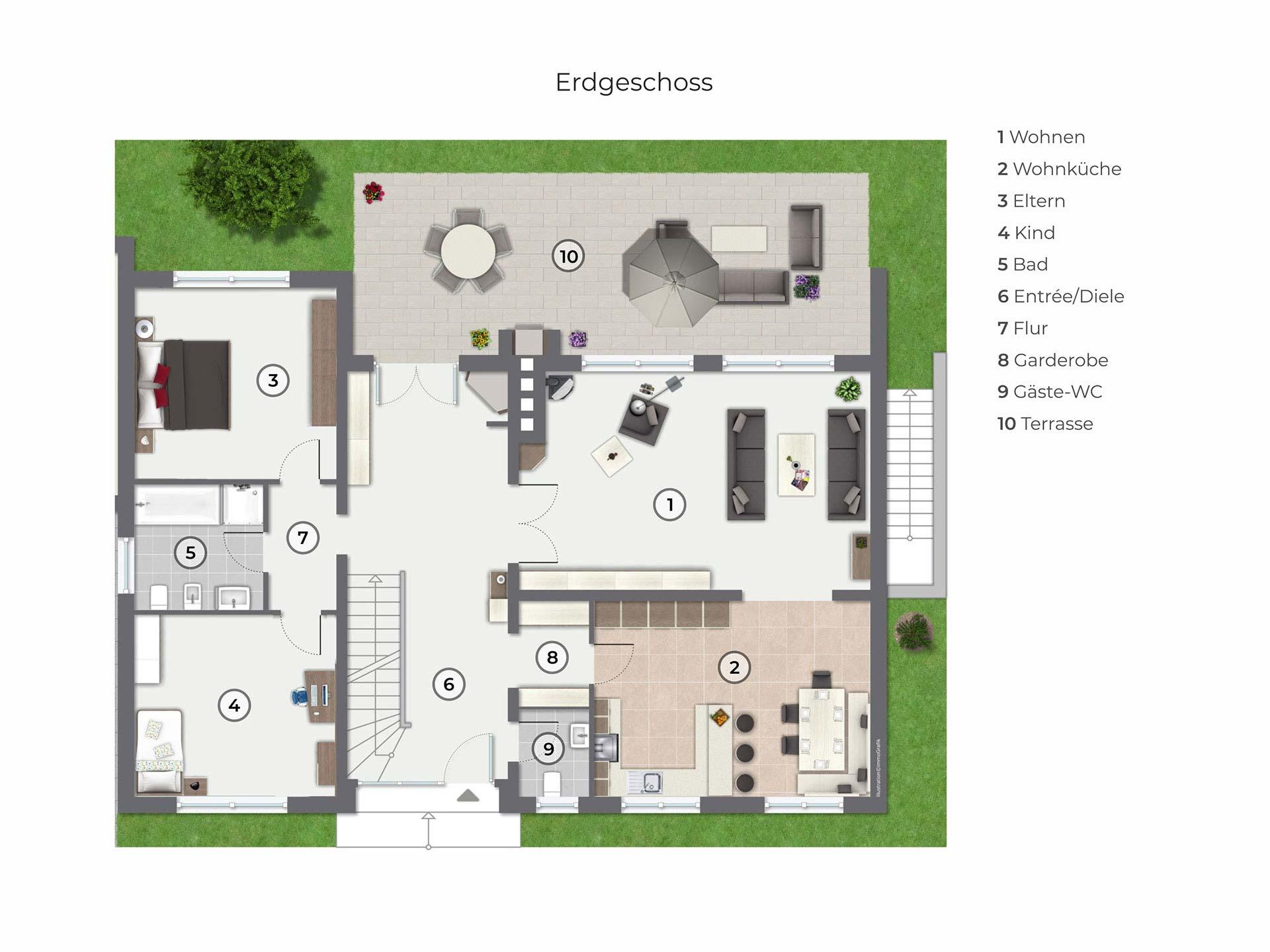 Der Grundriss des Erdgeschosses mit Eingangshalle, Wohnzimmer, Wohnküche, Privatem Flur mit 2 Schlafzimmern, Badezimmer und Garderobe und Gäste-WC im Eingangsbereich und Terrasse.  