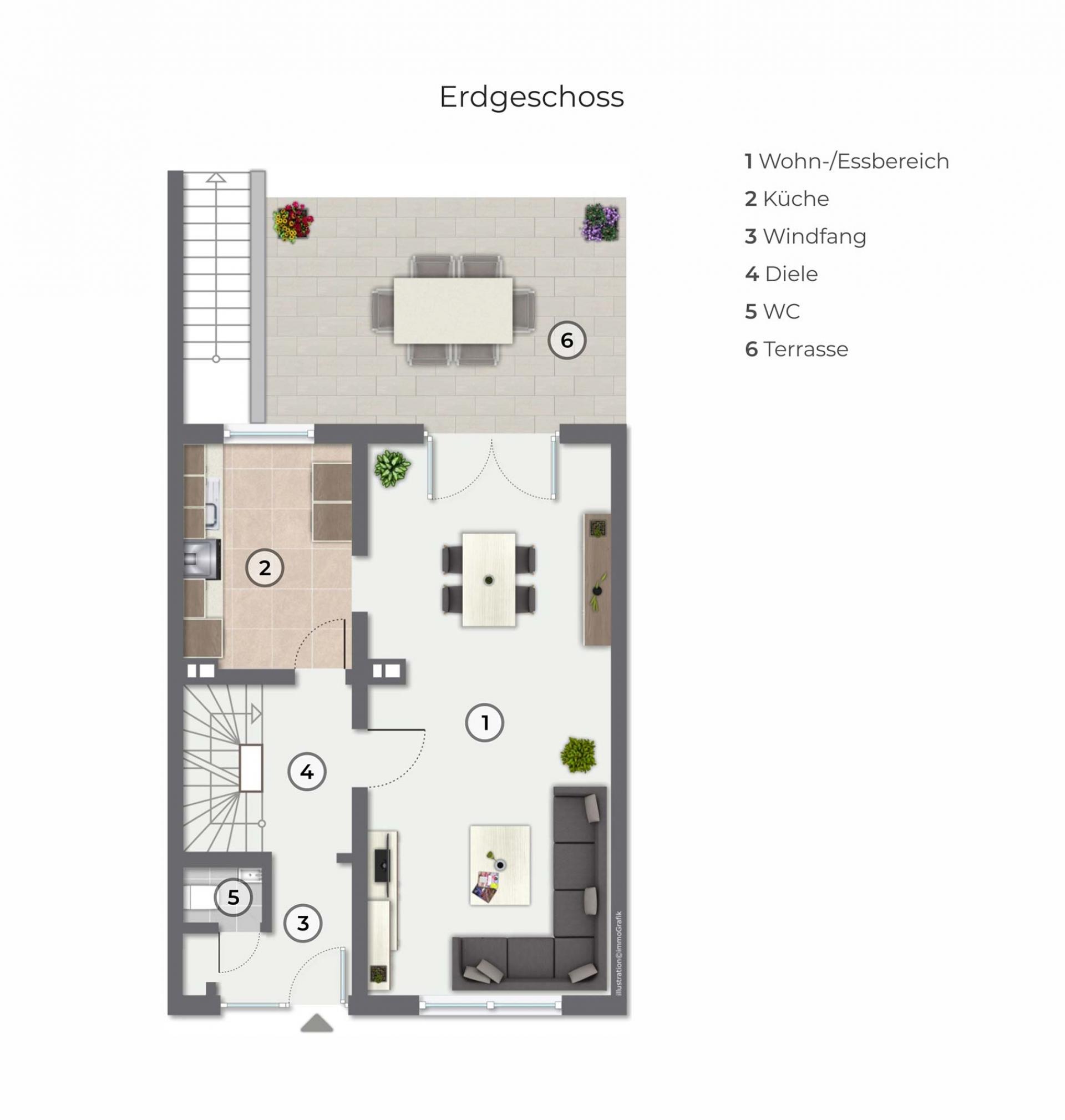 Im Erdgeschoss befinden sich: das Wohn-/Esszimmer, die Küche, die Diele mit Treppenhaus, der Windfang mit Garderobe und Gäste-WC und die Terrasse. 
