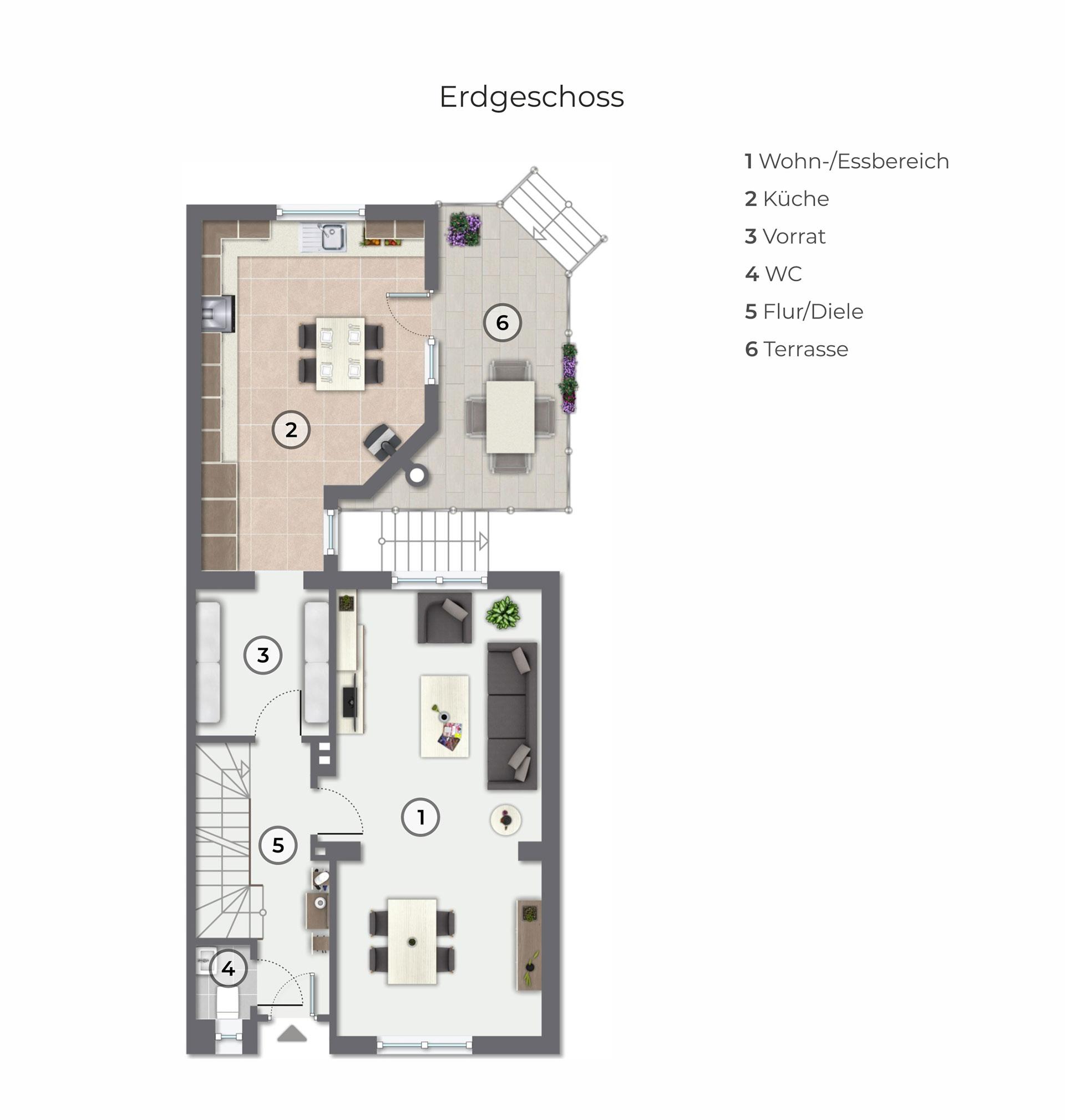 Der Grundriss des Erdgeschosses zeigt den Wohn- und Essbereich im Wohnhaus, der Wirtschaftsraum mit der dahinterliegenden Küche im Anbau, die Diele mit Gäste-WC und Treppe zu den anderen Geschossen. 