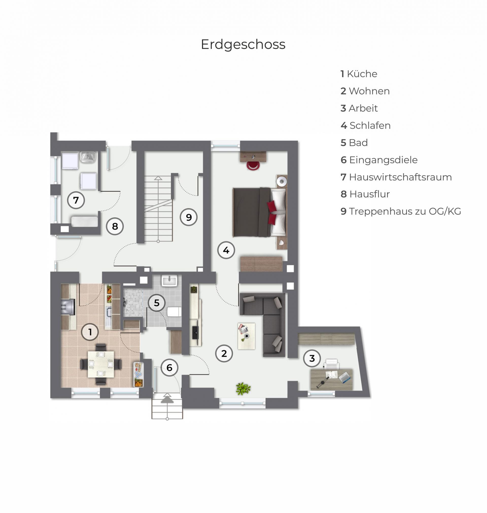 Grundriss Erdgeschoss mit Einliegerwohnung und gebeinschaftsflur. 