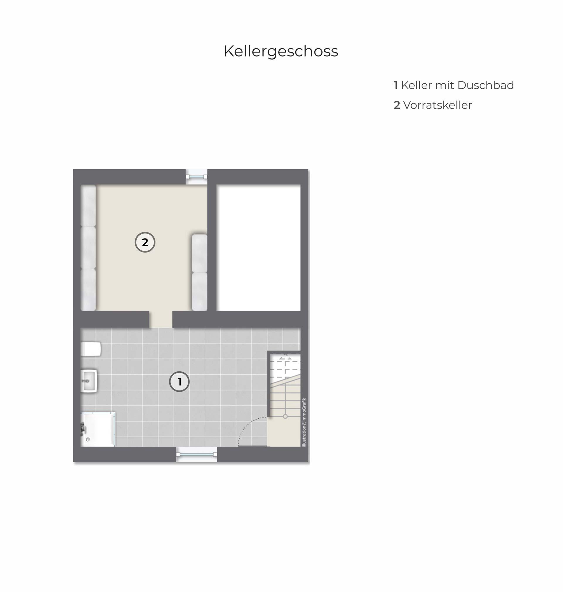Der Grundriss zeigt die beiden Räume des Teilkellers. Im vorderen großen Kellerraum befindet sich ein Duschbad mit WC und Waschbecken. 
Der hintere Raum ist als Lagerfläche nutzbar.  
