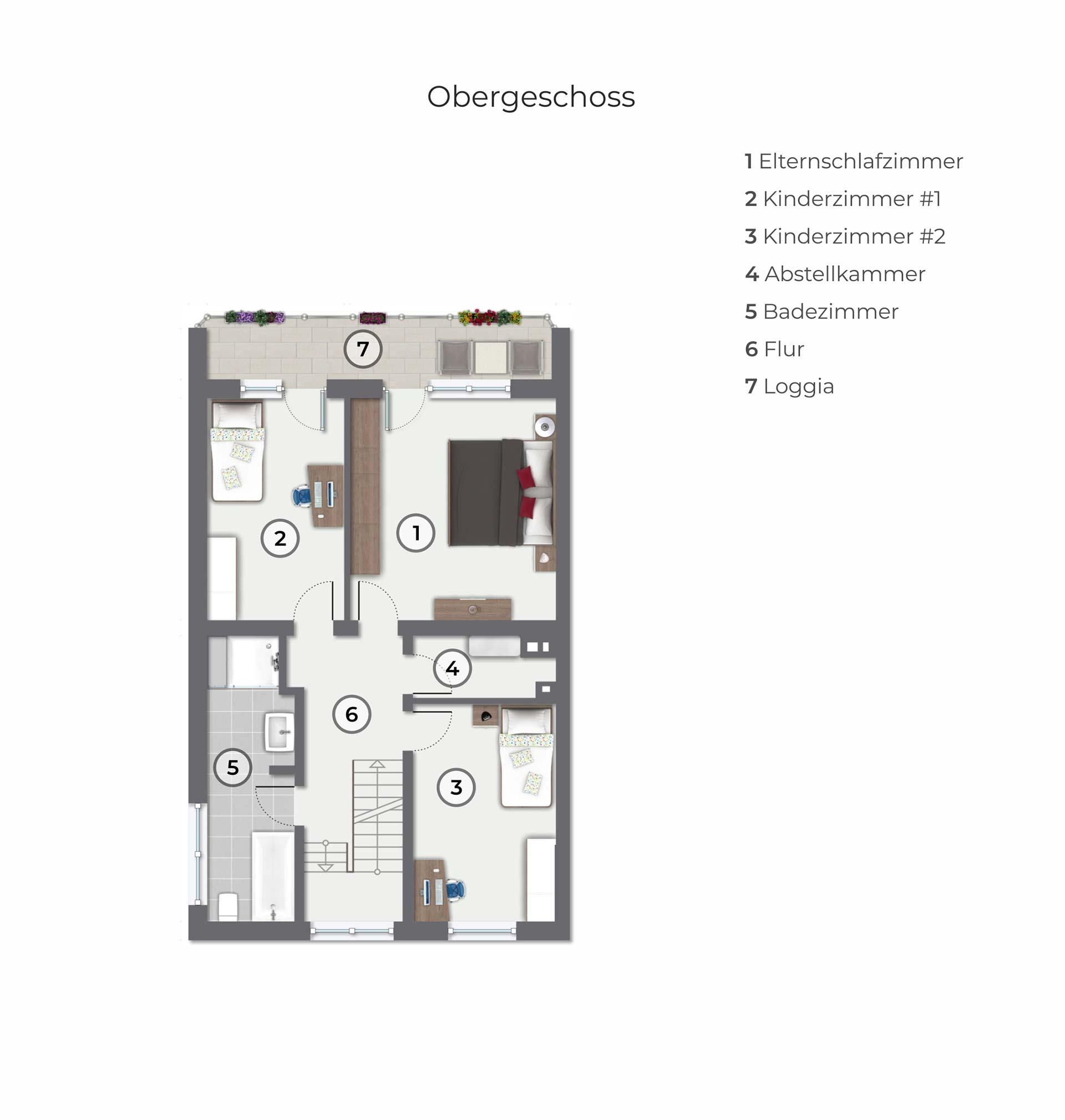 Der Grundrissdes Obergeschosses zeigt die 3 Schlafzimmer, von denen 2 jeweils über einen eigenen Zugang zur Loggia verfügen, das FamilienBad mit Dusche und Badewanne sowie den großen Flur mit Treppenufgang 