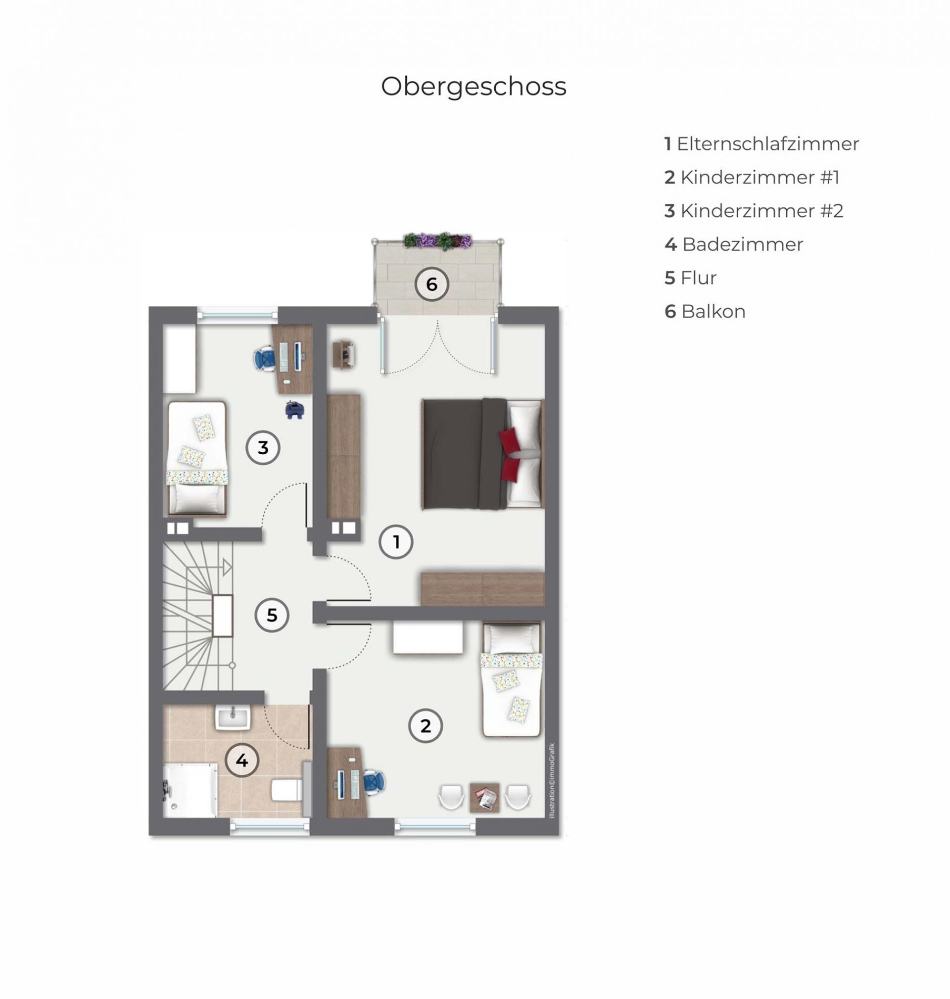 Im Obergeschoss befinden sich: Das Elternschlafzimmer, die beiden Kinderzimmer, das Duschbad und der Flur mit Einschubtrelle in den Dachspeicher. 