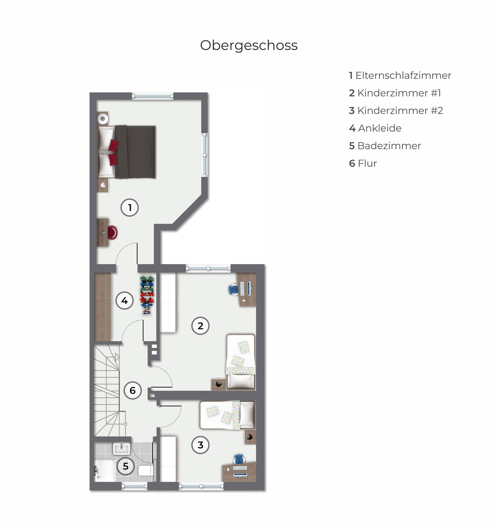 Der Grundriss des Obergeschosses zeigt das Elternschlafzimmer im Anbau, die davorliegende Ankleide, die beiden Kinderzimmer und das Duschbad im Wohnhaus sowie den Flur mit der Treppe. 