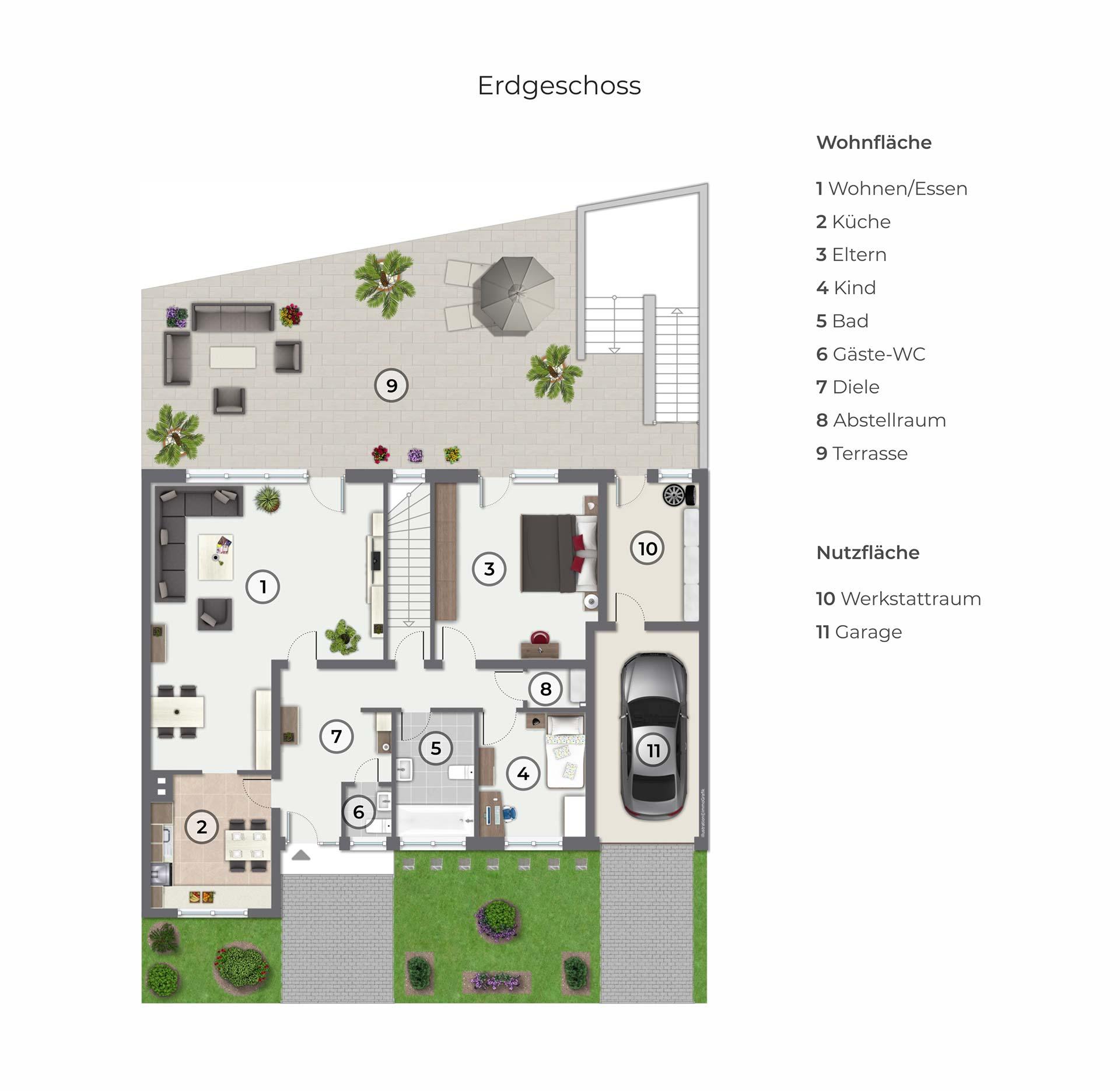 Der Grundriss des Erdgeschosses zeigt die Wohnräume der Immobilie mit Wohnzimmer, Küche, Badezimmer, Elternschlafzimmer, Kinderzimmer, Diele und Gäste-WC, sowie den Keller abgang und die Garage mit Werkstattraum. 