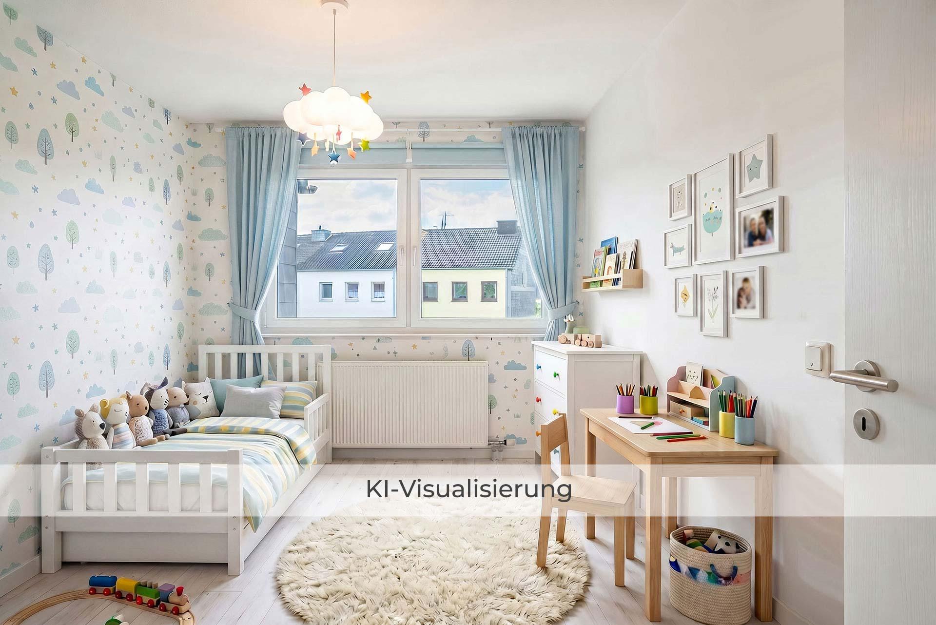 Die Visualisierung zeigt Kinderzimmer #2 nach einer möglichen Renovierung bzw. Modernisierung und vermittelt einen Eindruck des gestalterischen Potenzials.  Doppelhaushälfte Bergheim