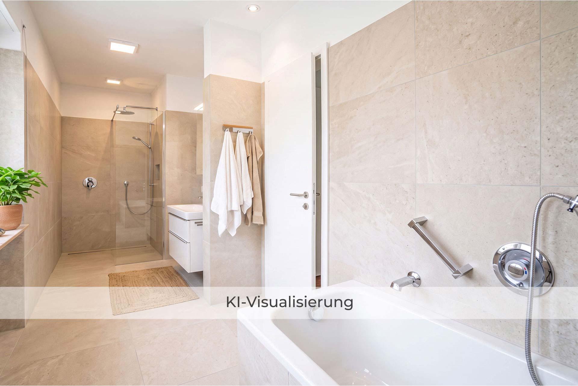 Die Visualisierung zeigt das Badezimmer nach einer möglichen Renovierung bzw. Modernisierung und vermittelt einen Eindruck des gestalterischen Potenzials.  Doppelhaushälfte Bergheim