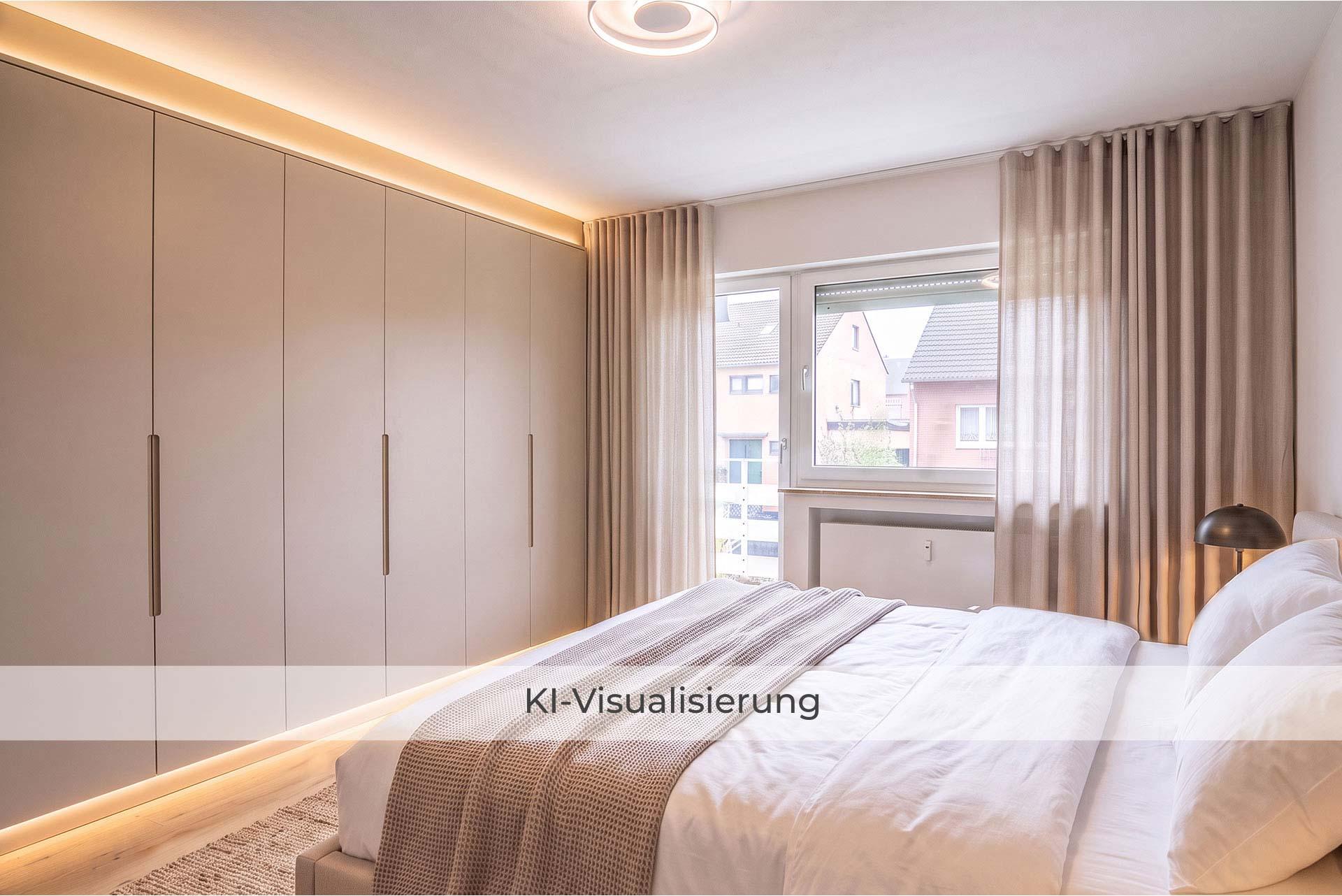 Die Visualisierung zeigt das Elternschlafzimmer nach einer möglichen Renovierung bzw. Modernisierung und vermittelt einen Eindruck des gestalterischen Potenzials.  Doppelhaushälfte Bergheim