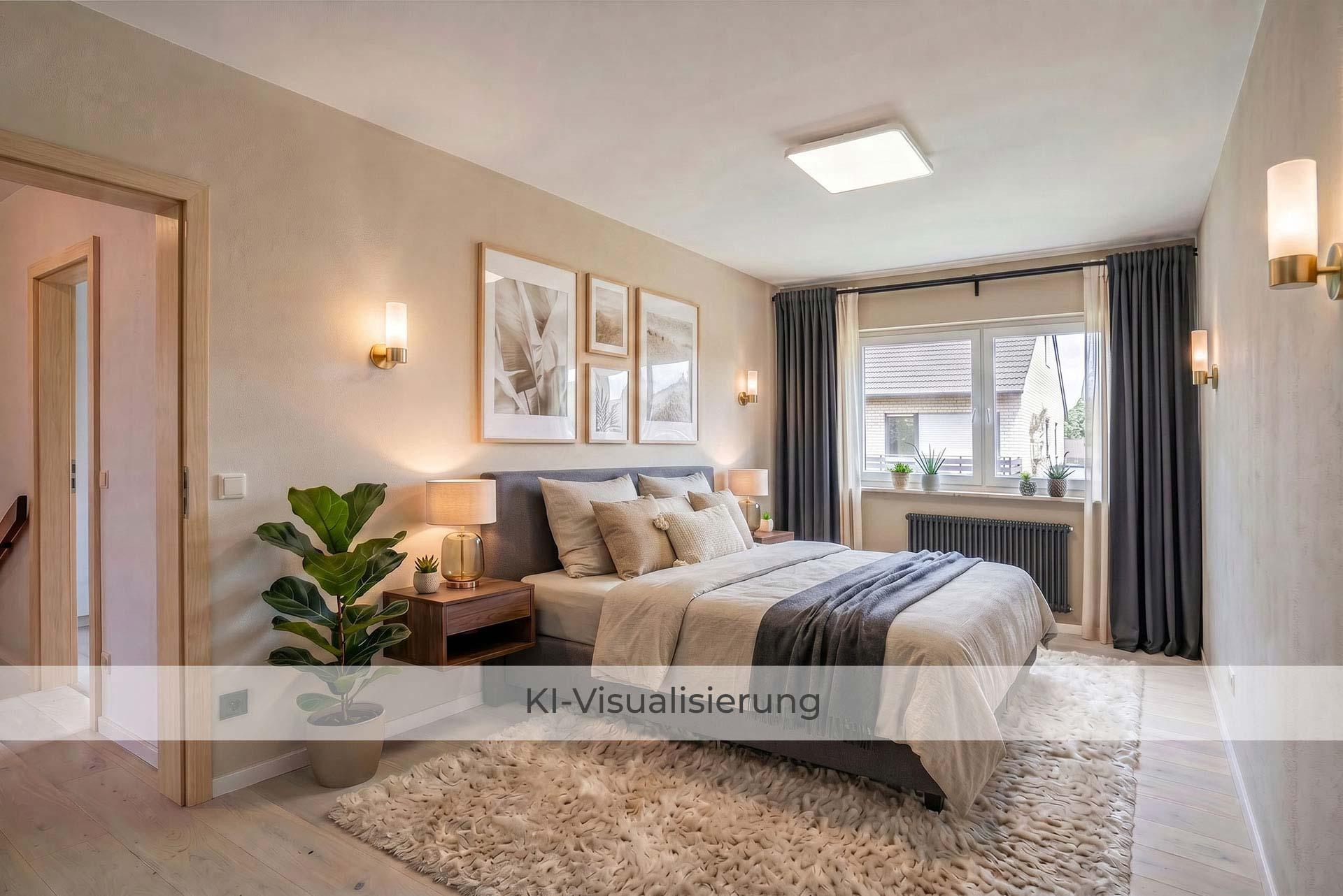 Die Visualisierung zeigt das Elternschlafzimmer nach einer möglichen Renovierung bzw. Modernisierung und vermittelt einen Eindruck des gestalterischen Potenzials.  Doppelhaushälfte Bergheim