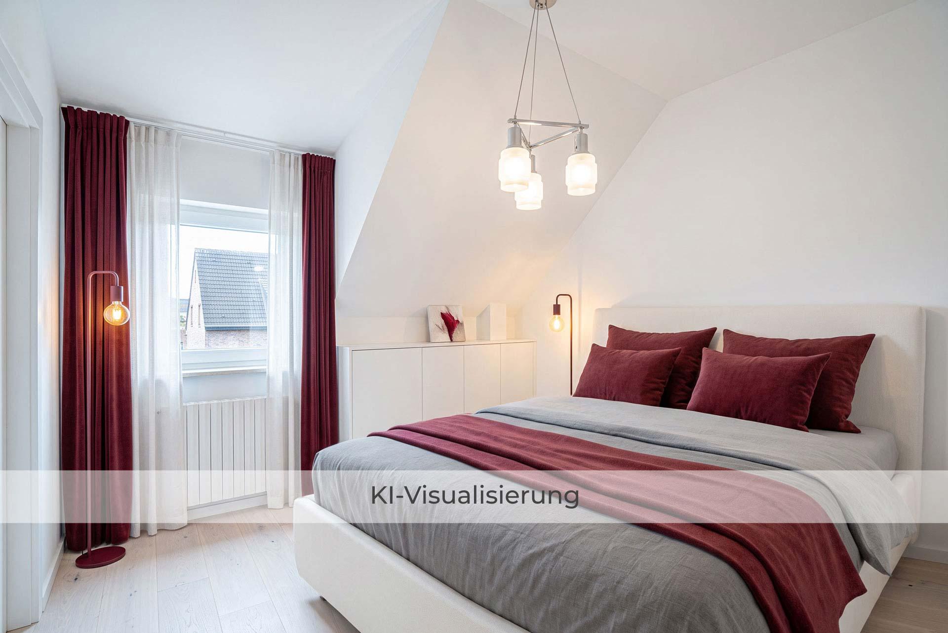 Die Visualisierung zeigt das Elternschlafzimmer im Dachgeschoss nach einer möglichen Renovierung bzw. Modernisierung und vermittelt einen Eindruck des gestalterischen Potenzials.  Reihenmittelhaus Kerpen