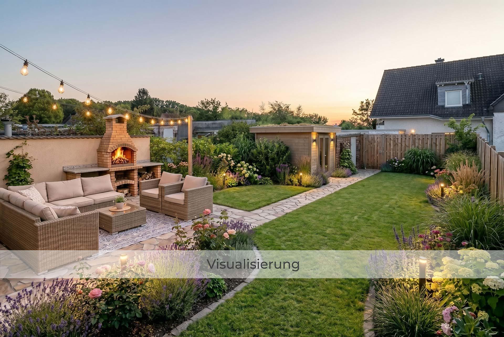 Beispiel einer möglichen Umgestaltung des Gartens mit einer gemütlichen Terrasse mit gemauertem Grill umgeben von herrlichen Pflanzbeeten. Im Abendlichen Ambiente. Reihenmittelhaus Kerpen