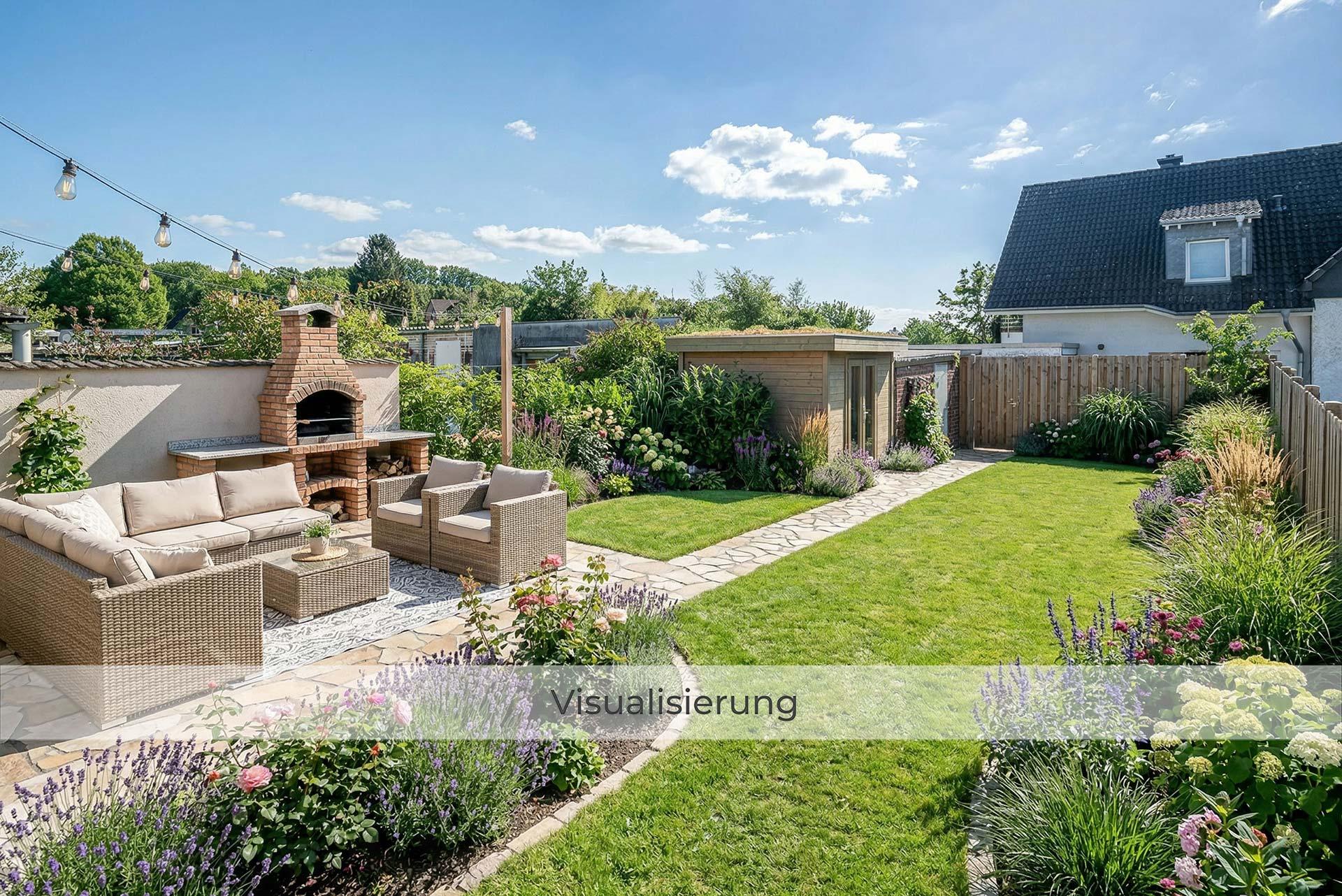 Beispiel einer möglichen Umgestaltung des Gartens mit einer gemütlichen Terrasse mit gemauertem Grill umgeben von herrlichen Pflanzbeeten. Reihenmittelhaus Kerpen