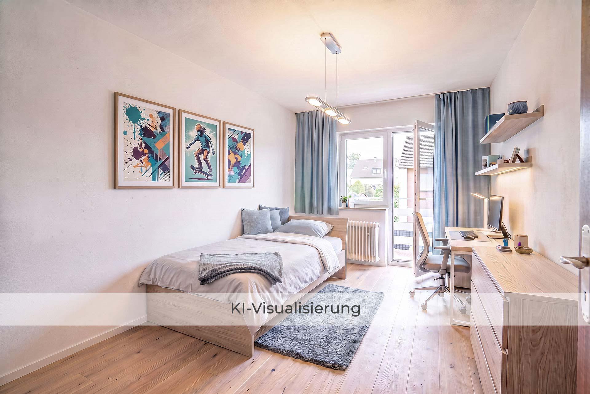 Die Visualisierung zeigt Kinderzimmer 1 nach einer möglichen Renovierung bzw. Modernisierung und vermittelt einen Eindruck des gestalterischen Potenzials.  Doppelhaushälfte Bergheim