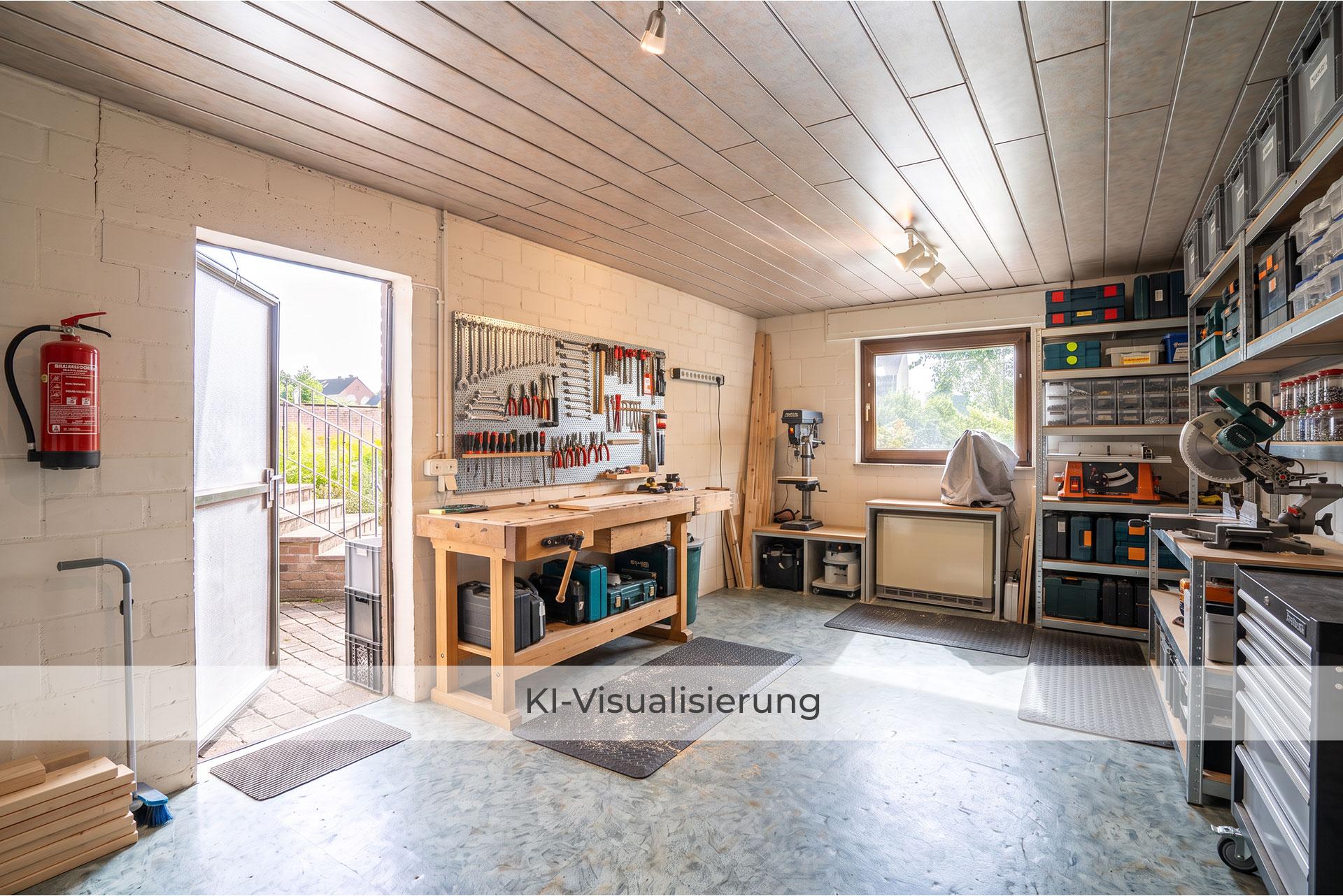 Die Visualisierung zeigt den Anbau hinter der Garage nach einer möglichen Renovierung bzw. Modernisierung und vermittelt einen Eindruck des gestalterischen Potenzials. Doppelhaushälfte Bergheim