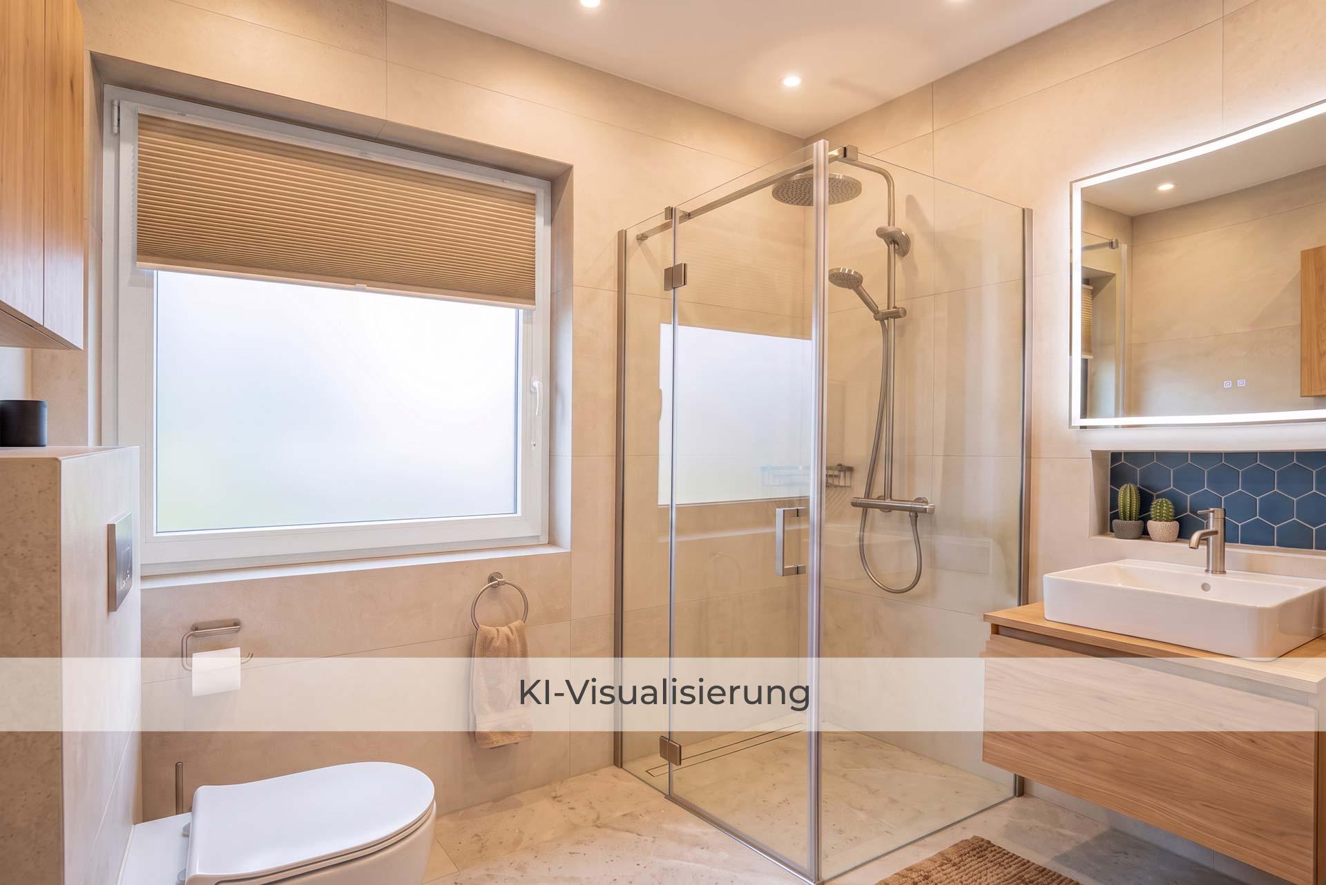 Die Visualisierung zeigt das Badezimmer nach einer möglichen Renovierung bzw. Modernisierung und vermittelt einen Eindruck des gestalterischen Potenzials.  Reihenmittelhaus Erftstadt