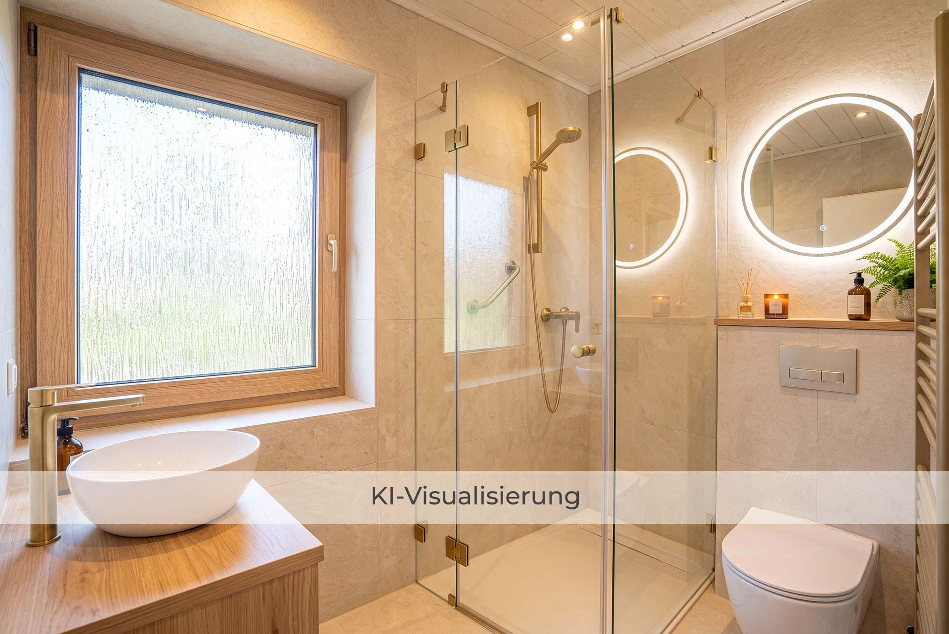 Die Visualisierung zeigt das Duschbad im Obergeschoss nach einer möglichen Renovierung bzw. Modernisierung und vermittelt einen Eindruck des gestalterischen Potenzials. Doppelhaushälfte Bergheim