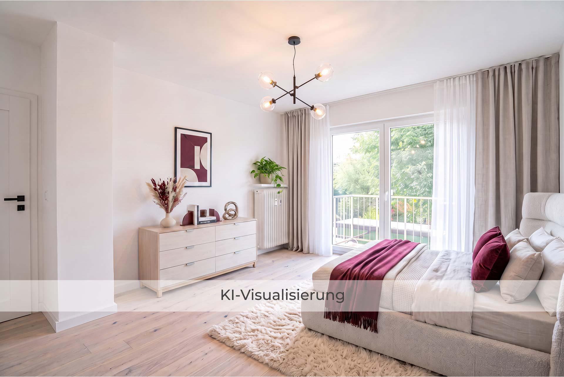 Die Visualisierung zeigt das Elternschlafzimmer nach einer möglichen Renovierung bzw. Modernisierung und vermittelt einen Eindruck des gestalterischen Potenzials.  Reihenmittelhaus Erftstadt
