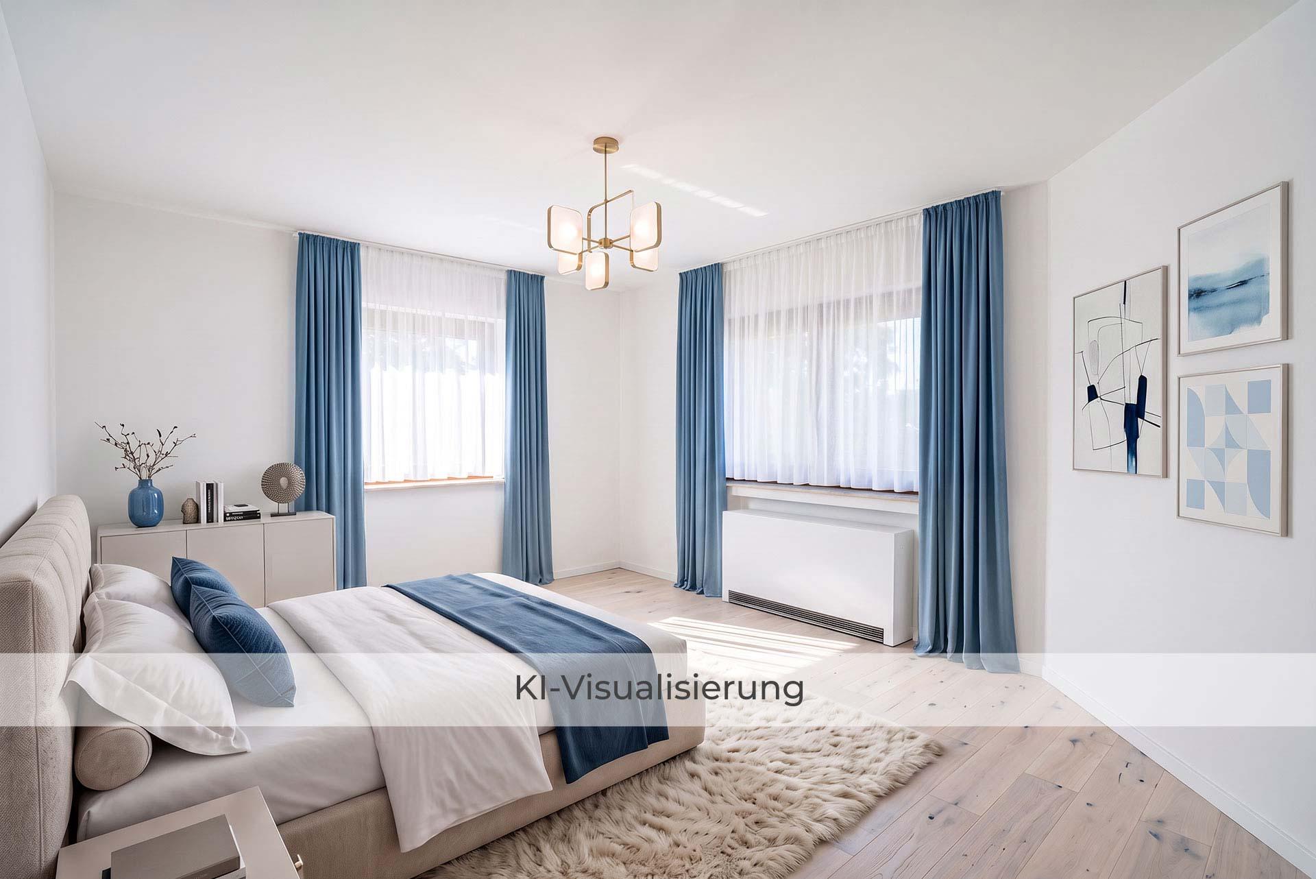 Die Visualisierung zeigt das Elternschlafzimmer nach einer möglichen Renovierung bzw. Modernisierung und vermittelt einen Eindruck des gestalterischen Potenzials. Doppelhaushälfte Bergheim