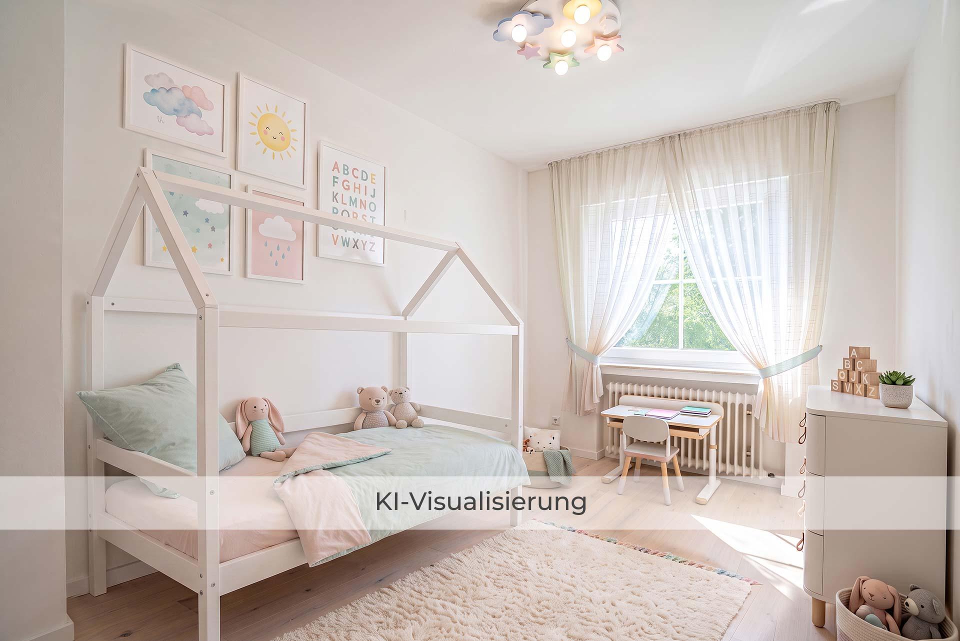 Die Visualisierung zeigt Kinderzimmer 2 nach einer möglichen Renovierung bzw. Modernisierung und vermittelt einen Eindruck des gestalterischen Potenzials.  Reihenmittelhaus Erftstadt