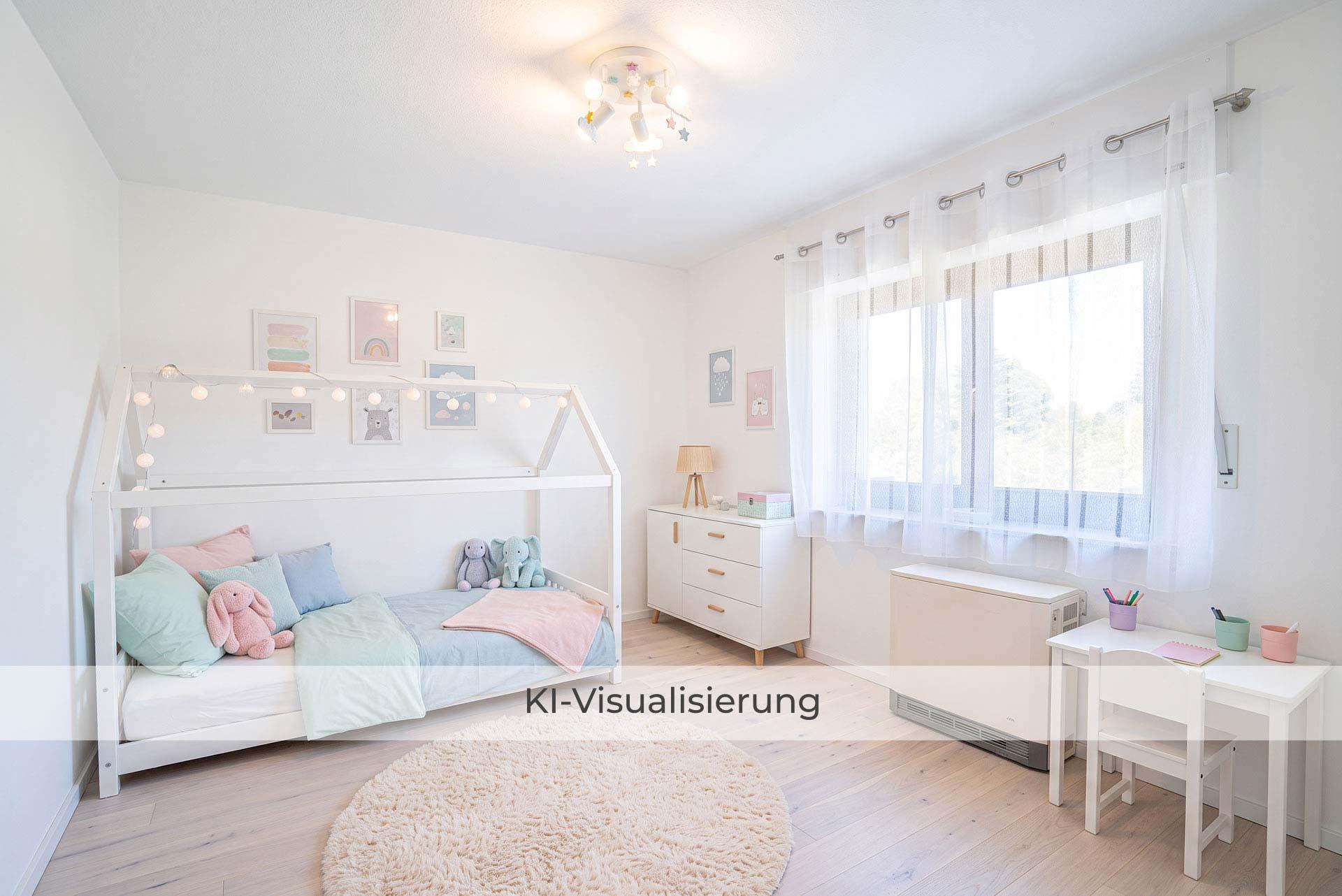 Die Visualisierung zeigt Kinderzimmer 2 nach einer möglichen Renovierung bzw. Modernisierung und vermittelt einen Eindruck des gestalterischen Potenzials. Doppelhaushälfte Bergheim