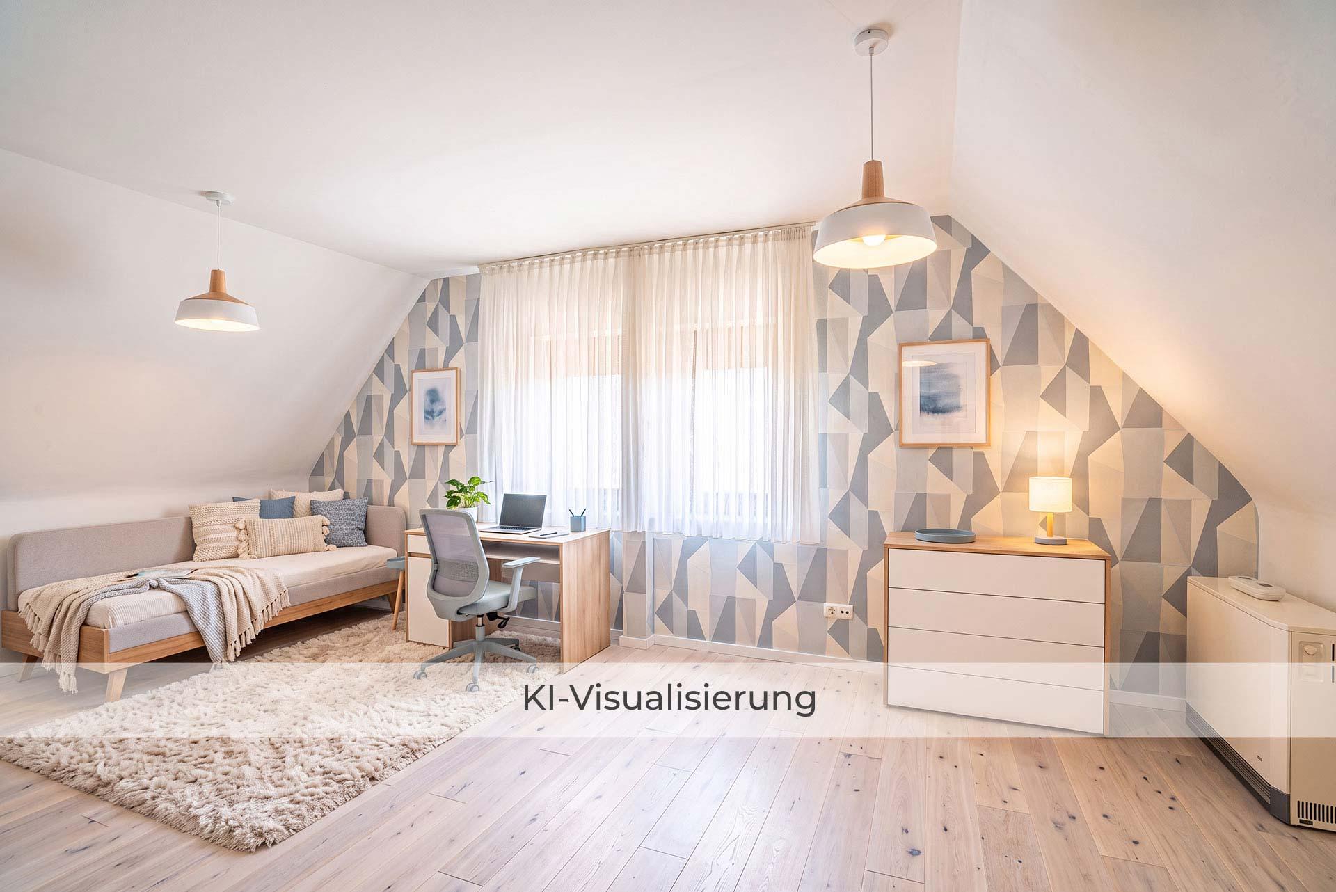 Die Visualisierung zeigt Kinderzimmer 3 nach einer möglichen Renovierung bzw. Modernisierung und vermittelt einen Eindruck des gestalterischen Potenzials. Doppelhaushälfte Bergheim