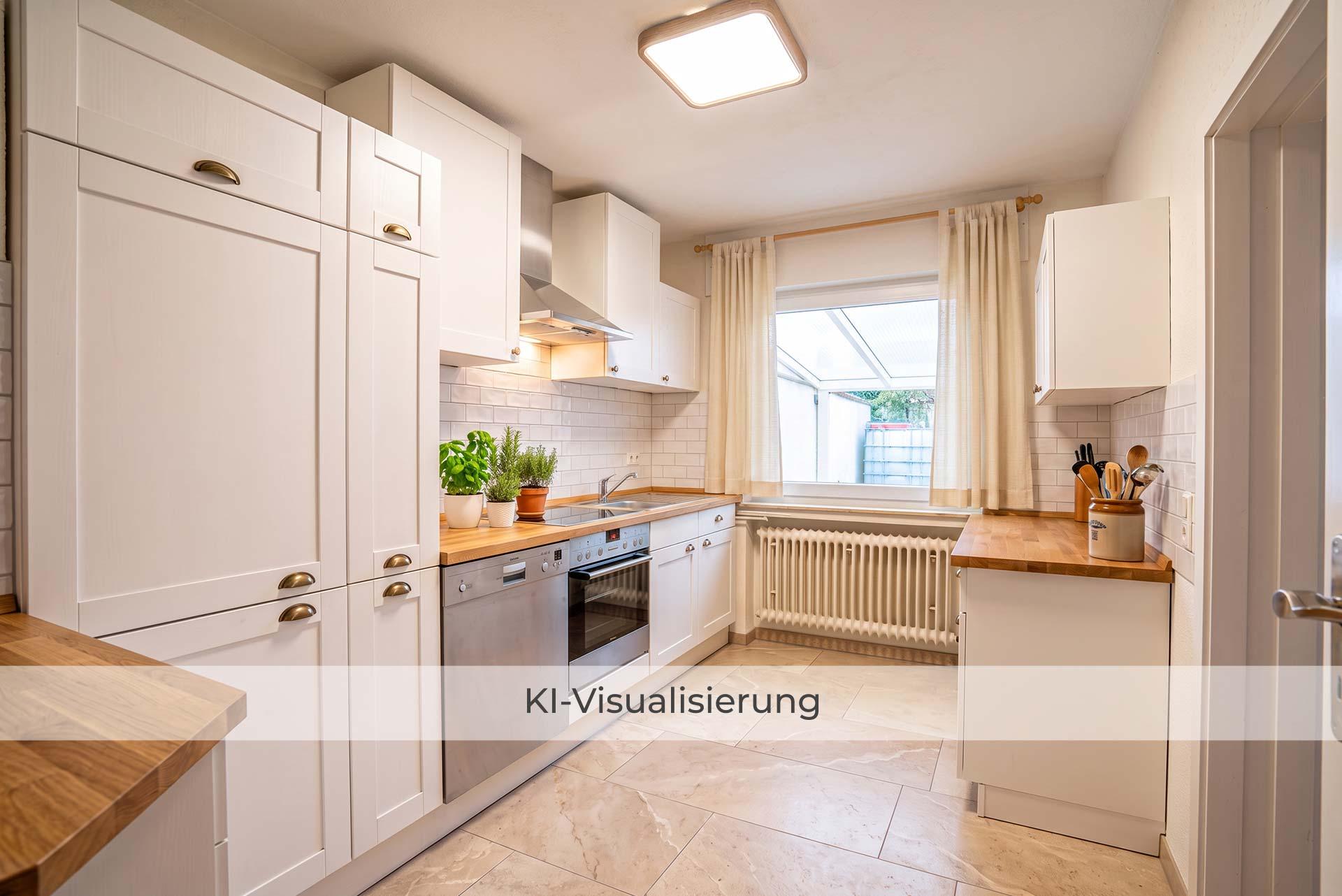 Die Visualisierung zeigt die Küche nach einer möglichen Renovierung bzw. Modernisierung und vermittelt einen Eindruck des gestalterischen Potenzials.  Reihenmittelhaus Erftstadt