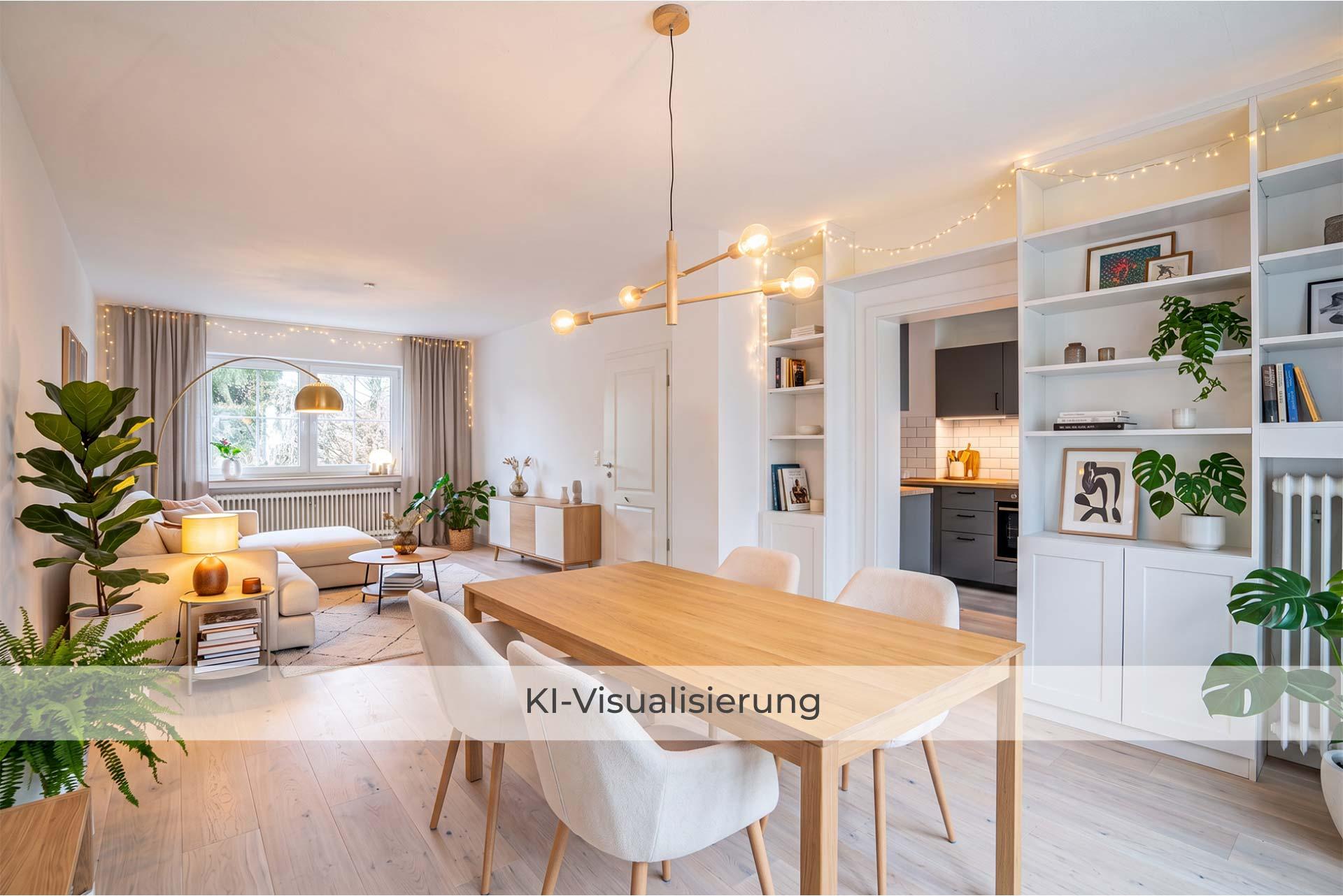 Die Visualisierung zeigt den Wohn- und Essbereich nach einer möglichen Renovierung bzw. Modernisierung und vermittelt einen Eindruck des gestalterischen Potenzials.  Reihenmittelhaus Erftstadt