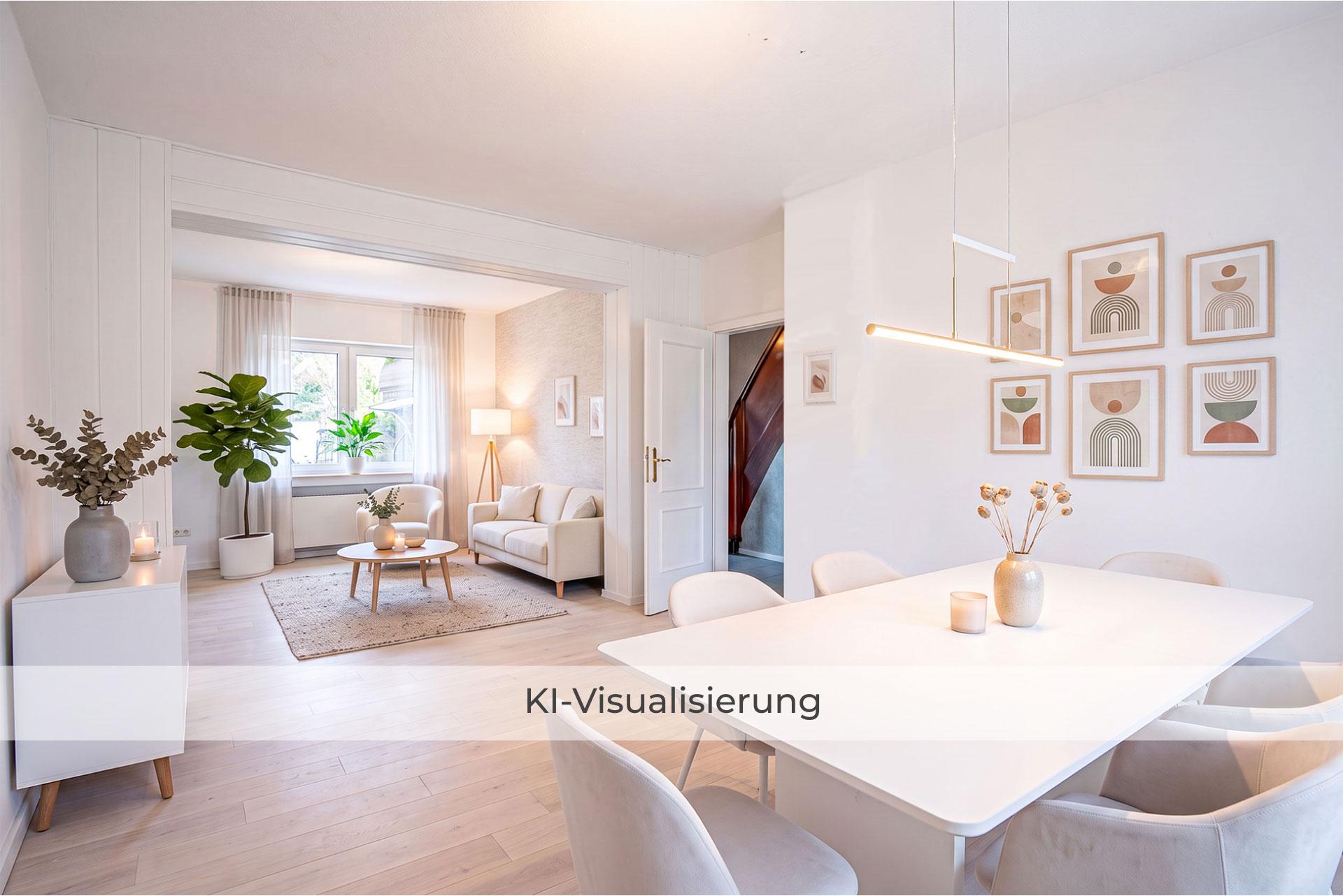 Die Visualisierung zeigt des Wohn- und Essbreiches nach einer möglichen Renovierung bzw. Modernisierung und vermittelt einen Eindruck des gestalterischen Potenzials. Doppelhaushälfte Bergheim