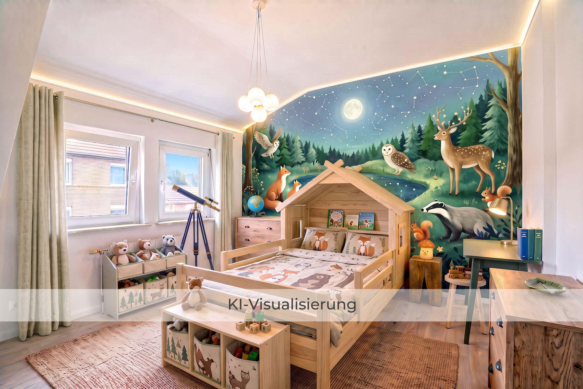 Die Visualisierung zeigt das Kinderzimmer nach einer möglichen Renovierung bzw. Modernisierung und vermittelt einen Eindruck des gestalterischen Potenzials.  Reihenmittelhaus Kerpen