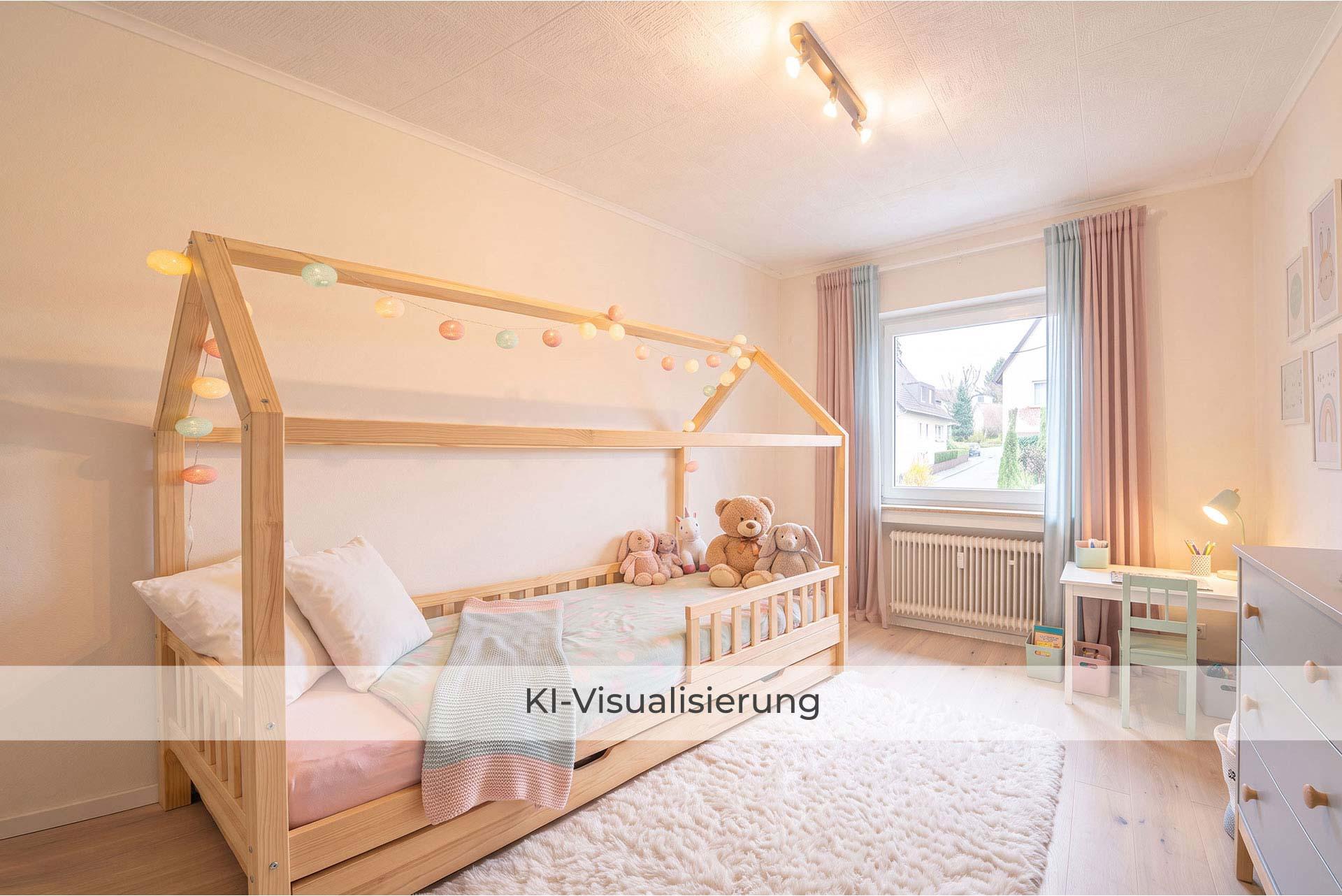 Die Visualisierung zeigt Kinderzimmer 2nach einer möglichen Renovierung bzw. Modernisierung und vermittelt einen Eindruck des gestalterischen Potenzials.  Doppelhaushälfte Bergheim