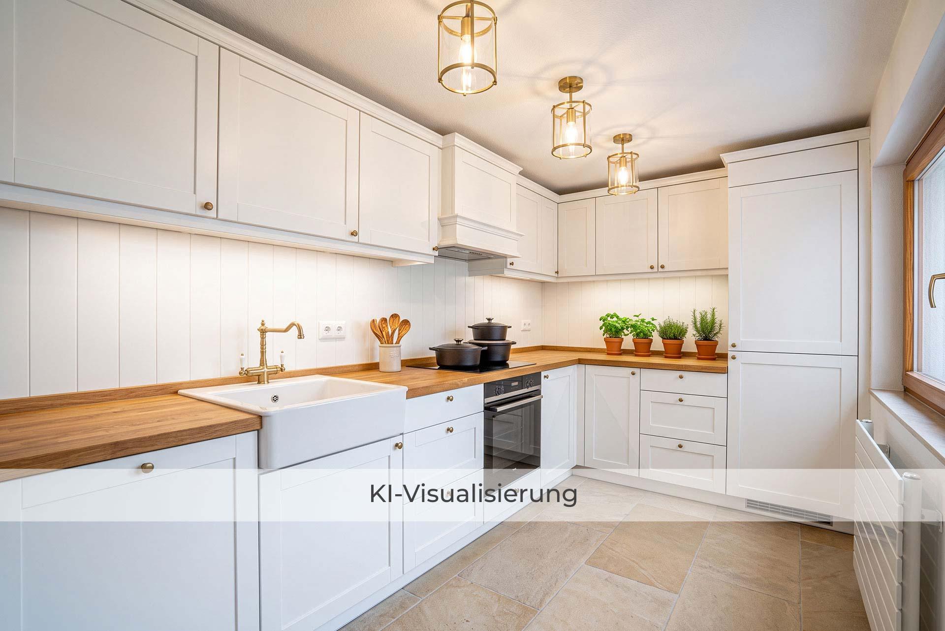 Die Visualisierung zeigt die Küche nach einer möglichen Renovierung bzw. Modernisierung und vermittelt einen Eindruck des gestalterischen Potenzials.  Reihenmittelhaus Kerpen