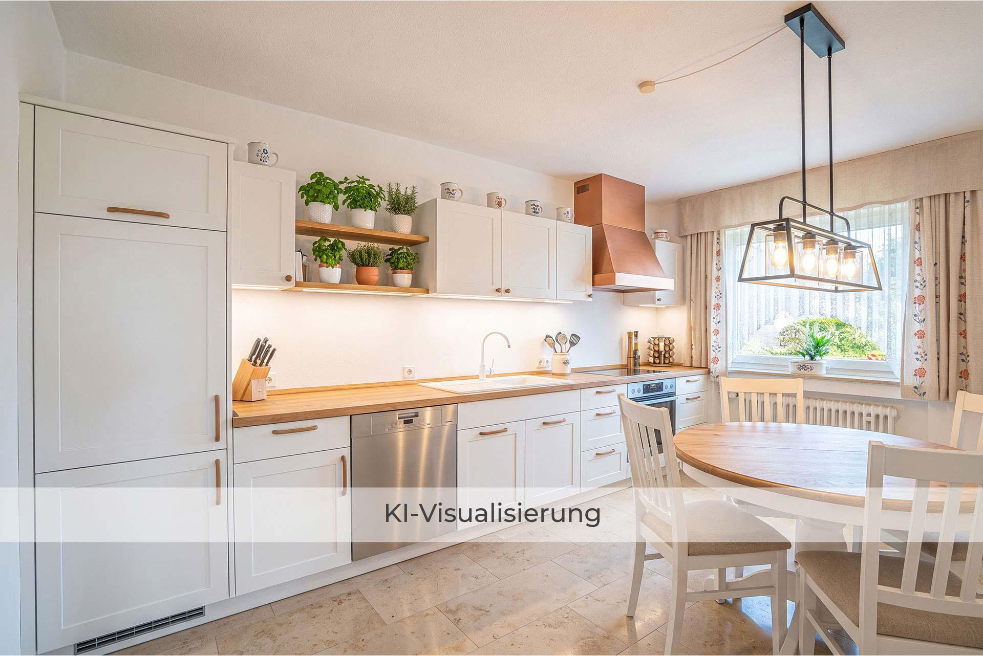 Die Visualisierung zeigt die Küche nach einer möglichen Renovierung bzw. Modernisierung und vermittelt einen Eindruck des gestalterischen Potenzials.  Doppelhaushälfte Bergheim