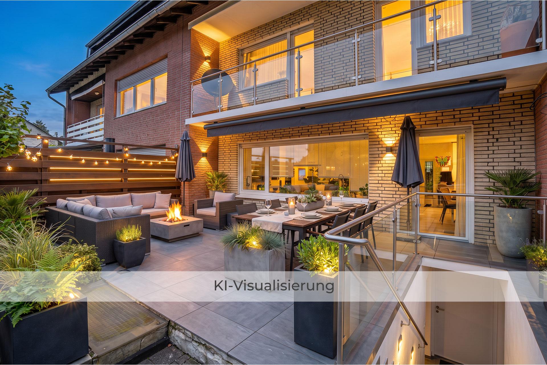 Die Visualisierung zeigt die Terrasse nach einer möglichen Renovierung bzw. Modernisierung und vermittelt einen Eindruck des gestalterischen Potenzials.  Doppelhaushälfte Bergheim