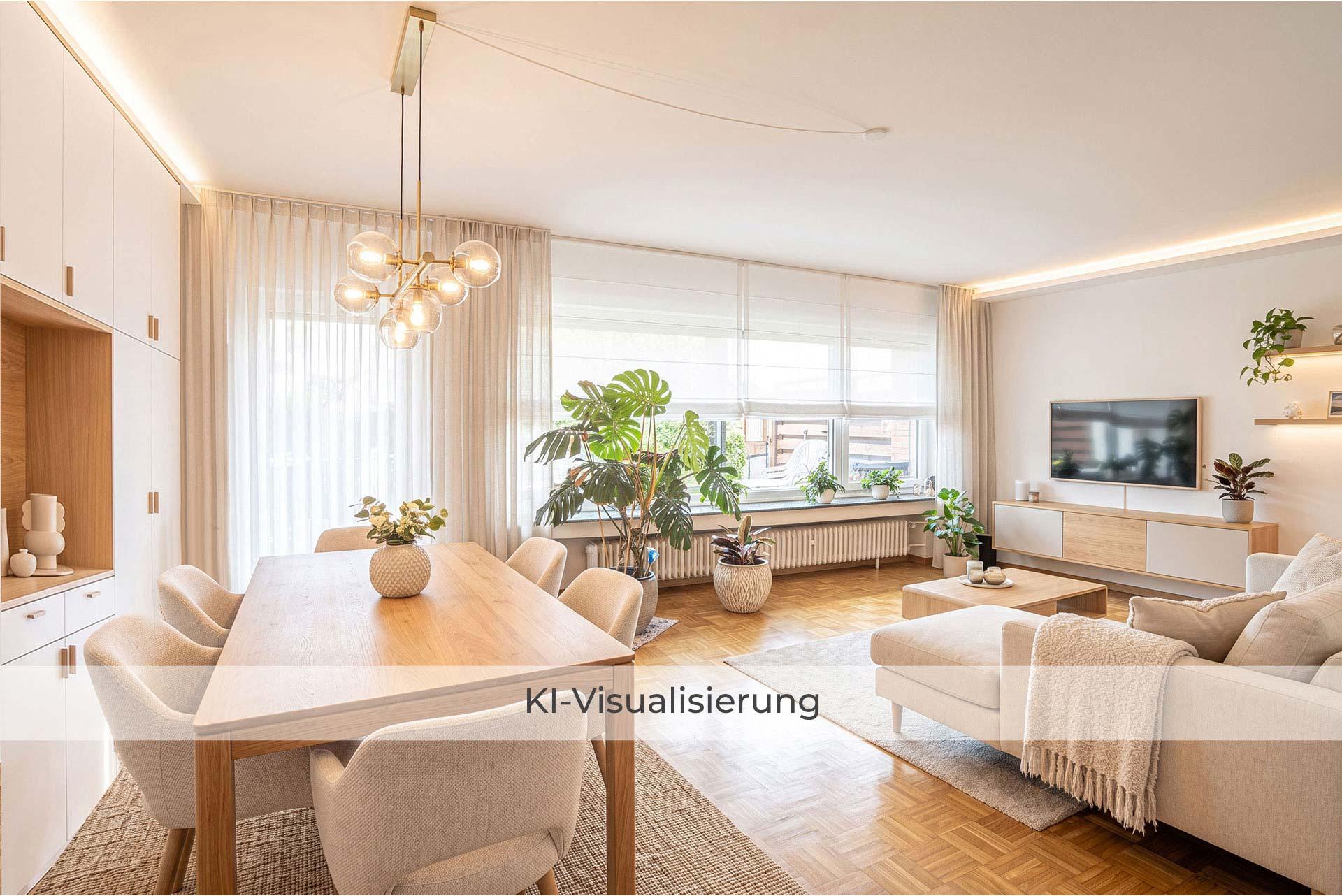 Die Visualisierung zeigt das Wohn-Esszimmer nach einer möglichen Renovierung bzw. Modernisierung und vermittelt einen Eindruck des gestalterischen Potenzials.  Doppelhaushälfte Bergheim