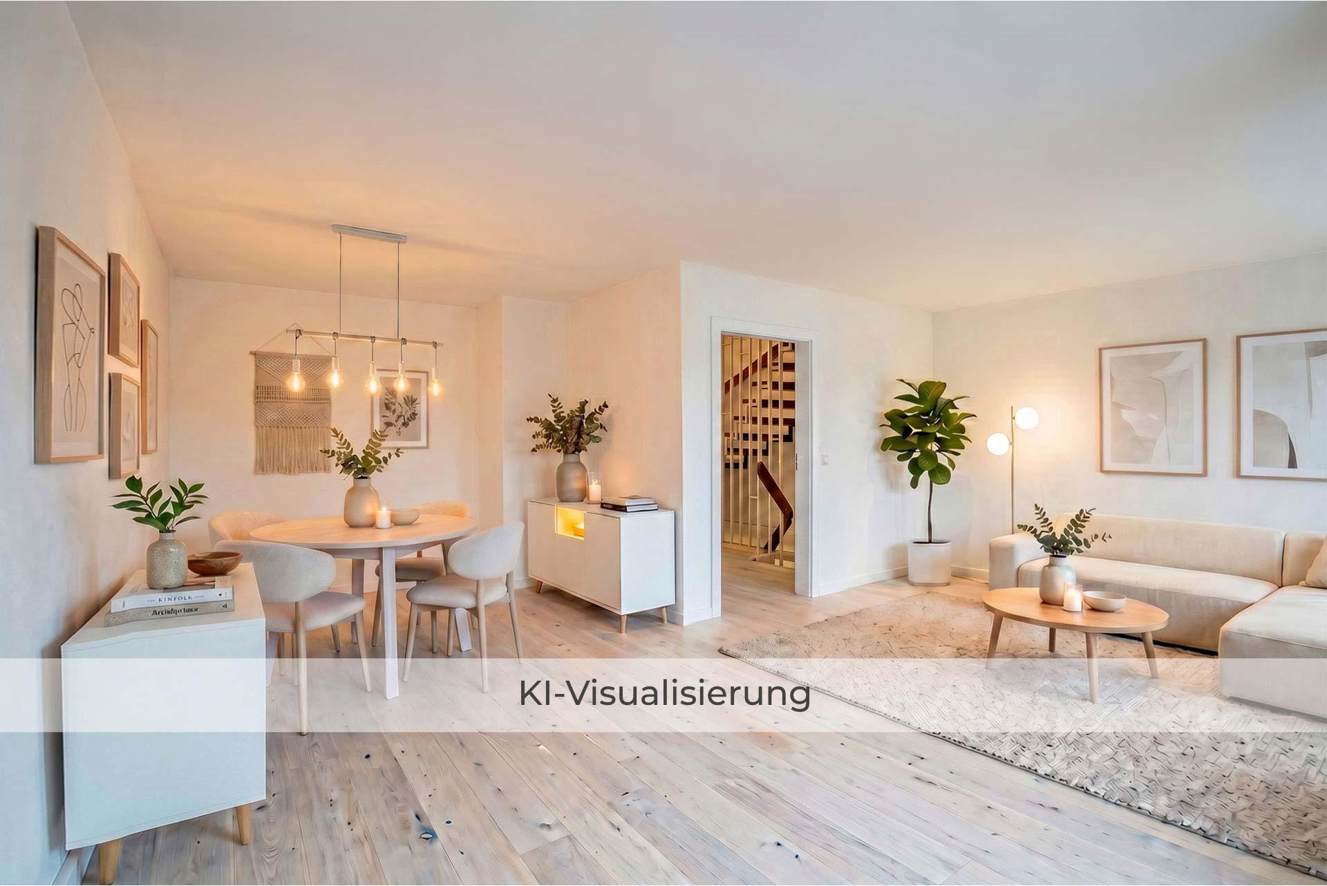 Die Visualisierung zeigt den Wohn- und Essbereich nach einer möglichen Renovierung bzw. Modernisierung und vermittelt einen Eindruck des gestalterischen Potenzials.  Doppelhaushälfte Bergheim
