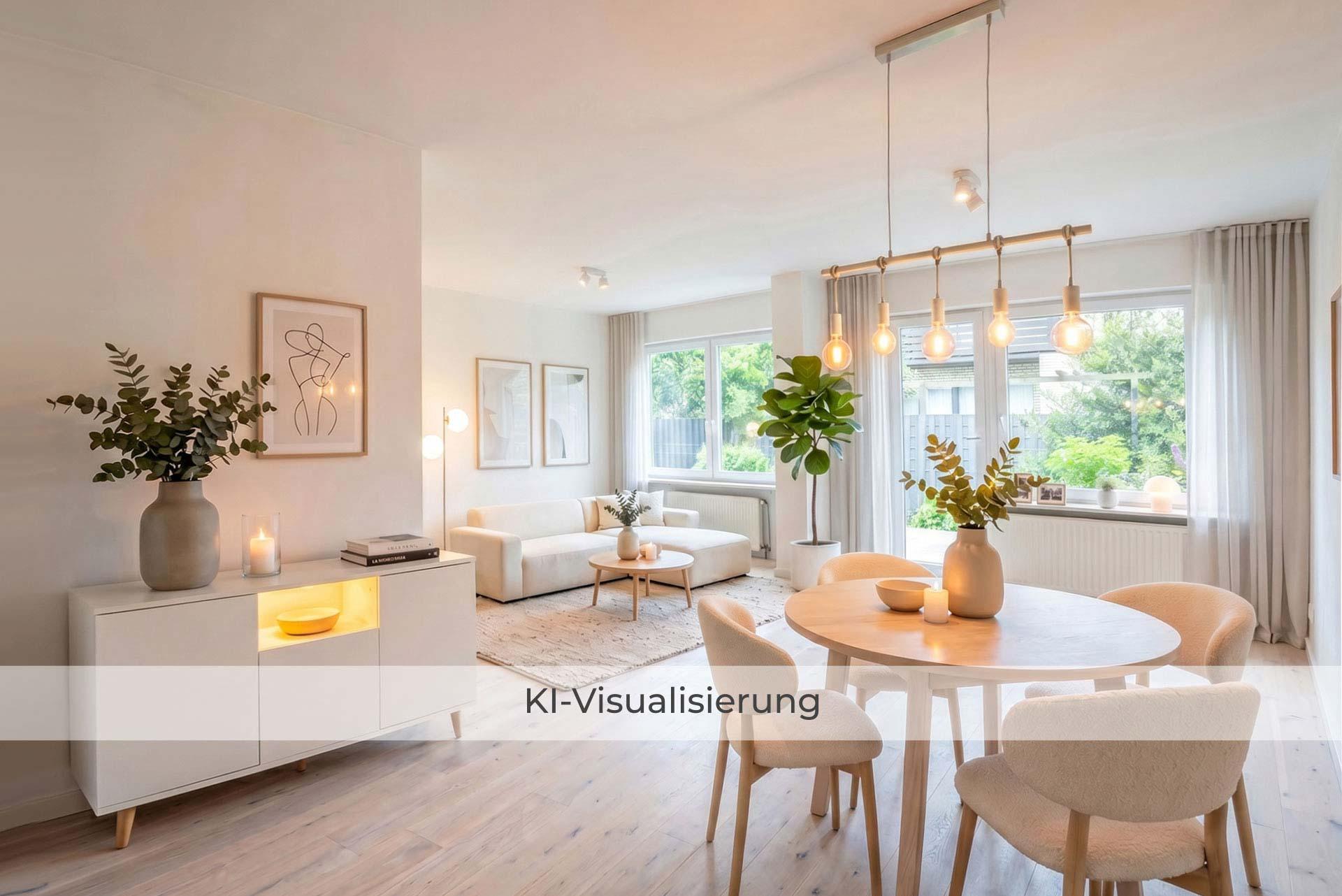Die Visualisierung zeigt den Wohn- und Essbereich nach einer möglichen Renovierung bzw. Modernisierung und vermittelt einen Eindruck des gestalterischen Potenzials.  Doppelhaushälfte Bergheim